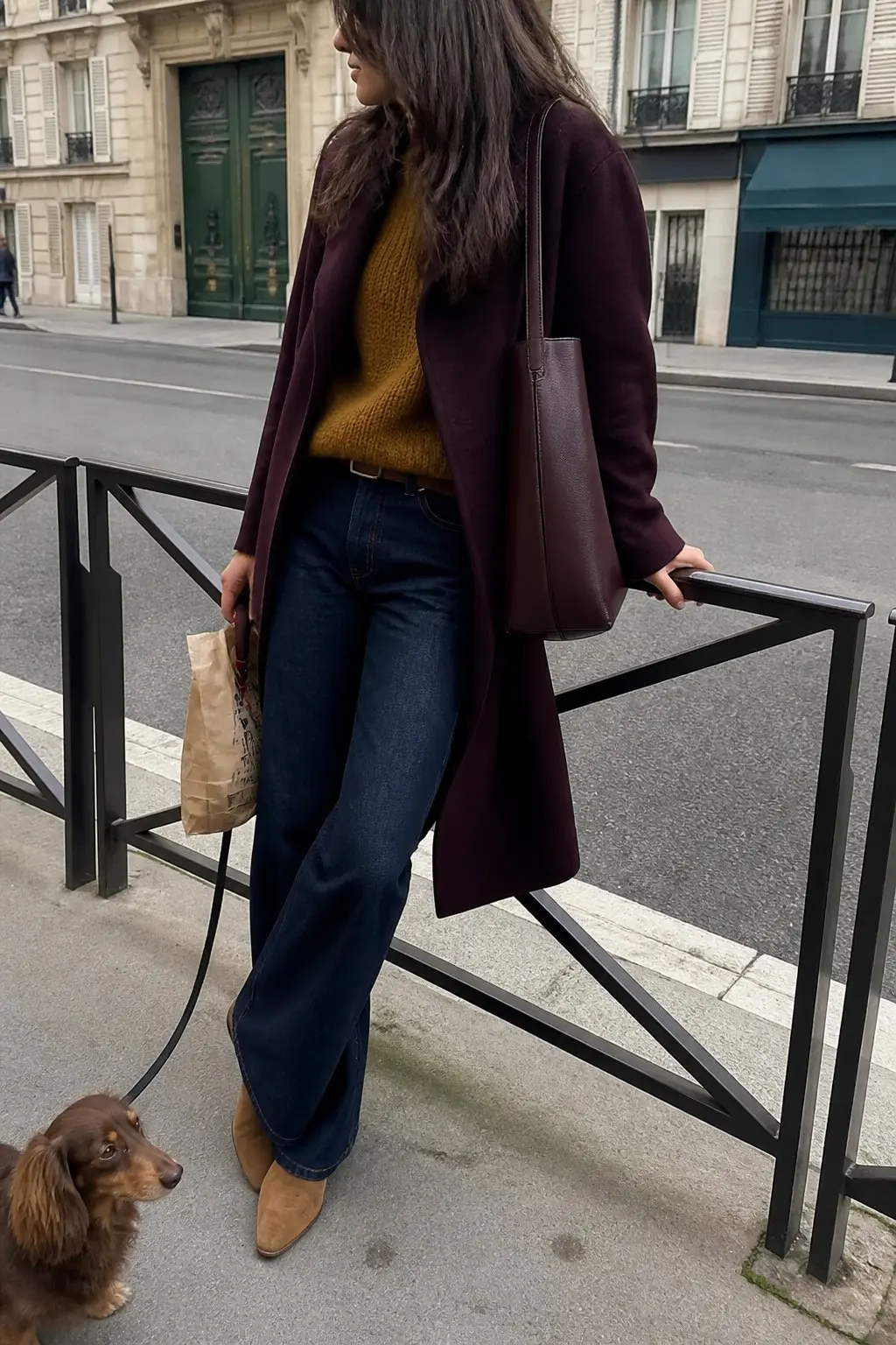 plum wool coat over mustard chunky knit sweater dark indigo wide leg jeans tan suede ankle boots plum leather tote bag outfit 12
