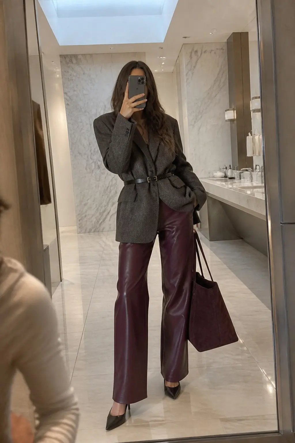 burgundy faux leather wide leg trousers grey tweed oversized blazer belted with thin black belt black pointed stiletto heels burgundy tote bag outfit 14