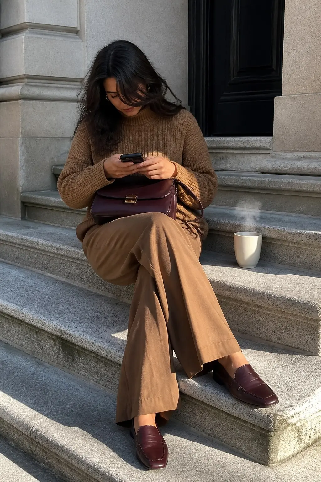 camel ribbed oversized sweater camel wide-leg trousers burgundy loafers burgundy structured top-handle shoulder bag outfit 17