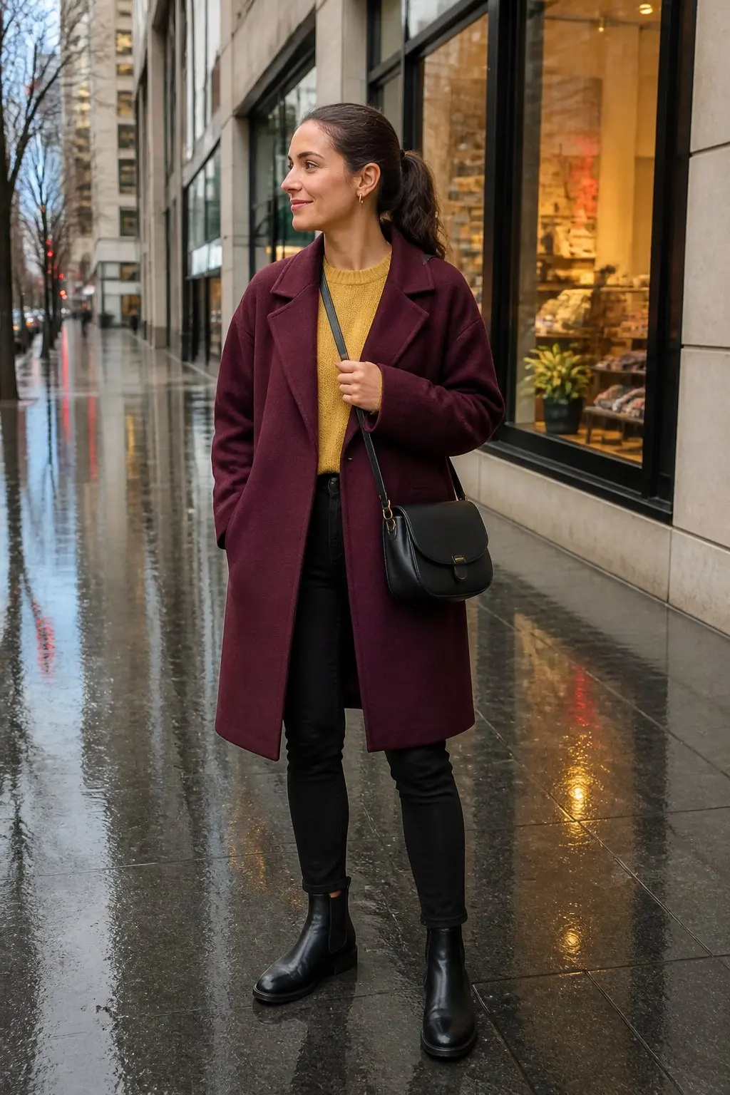 burgundy wool longline coat mustard yellow crew neck knit sweater black slim jeans black leather chelsea boots small black saddle crossbody bag outfit 18