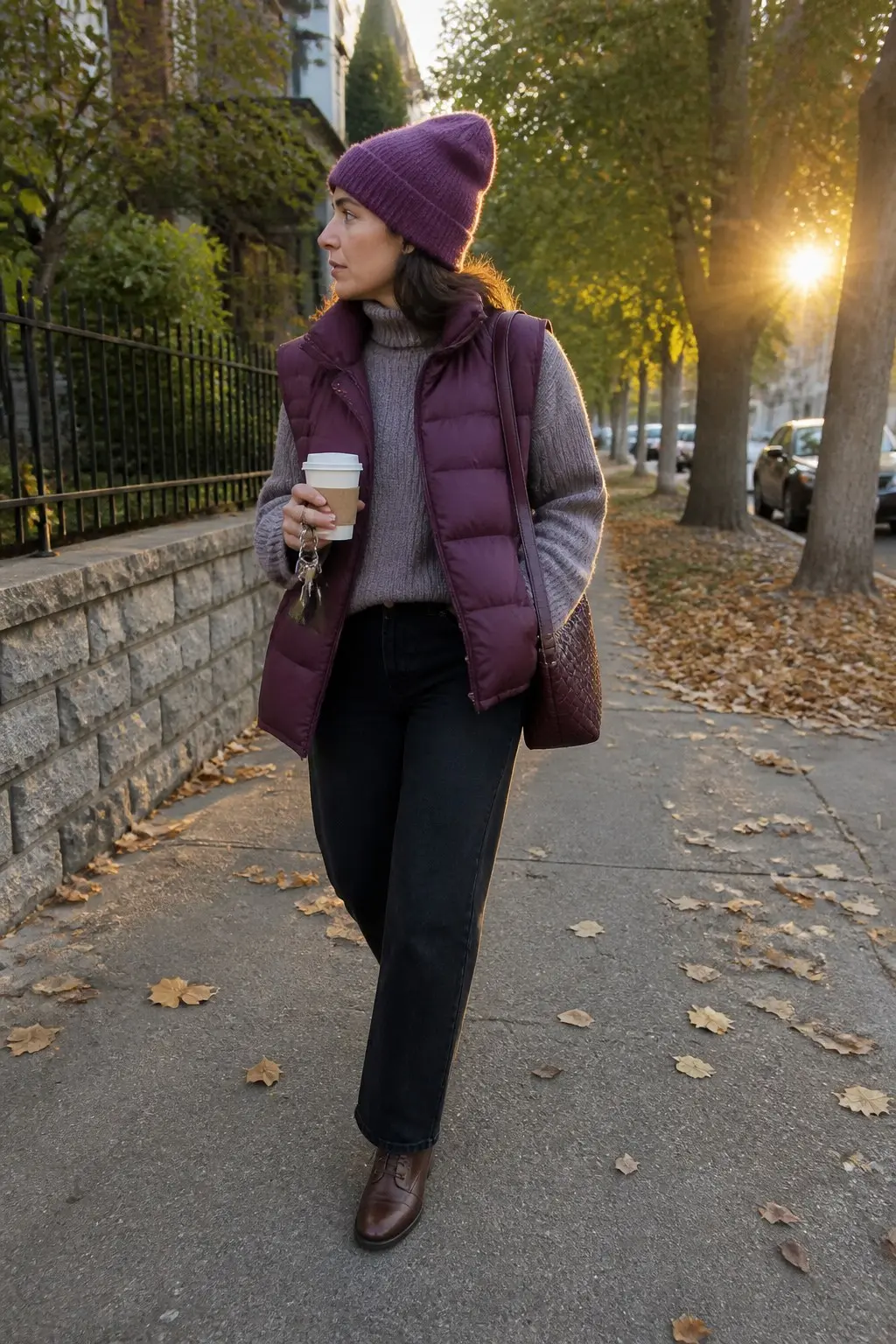 burgundy quilted puffer vest over grey ribbed turtleneck sweater dark straight-leg jeans brown leather lace-up oxford shoes burgundy knit beanie burgundy woven tote bag outfit 20