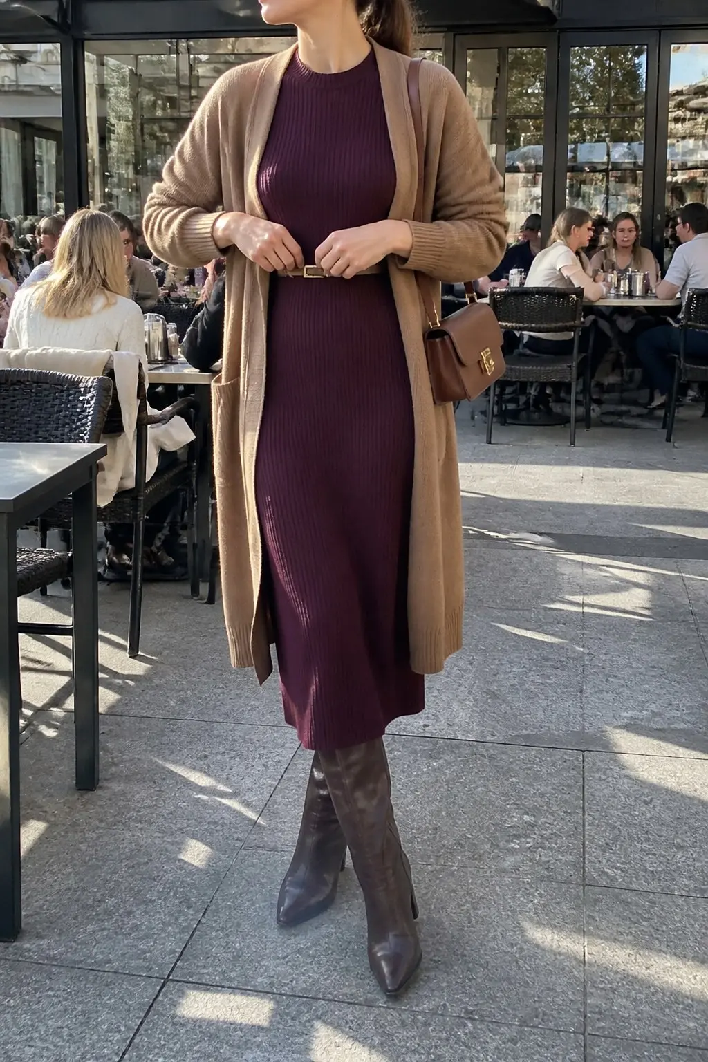 burgundy ribbed knit midi dress camel longline open cardigan thin gold belt at waist grey knee-high leather heeled boots small brown leather top-handle bag outfit 22