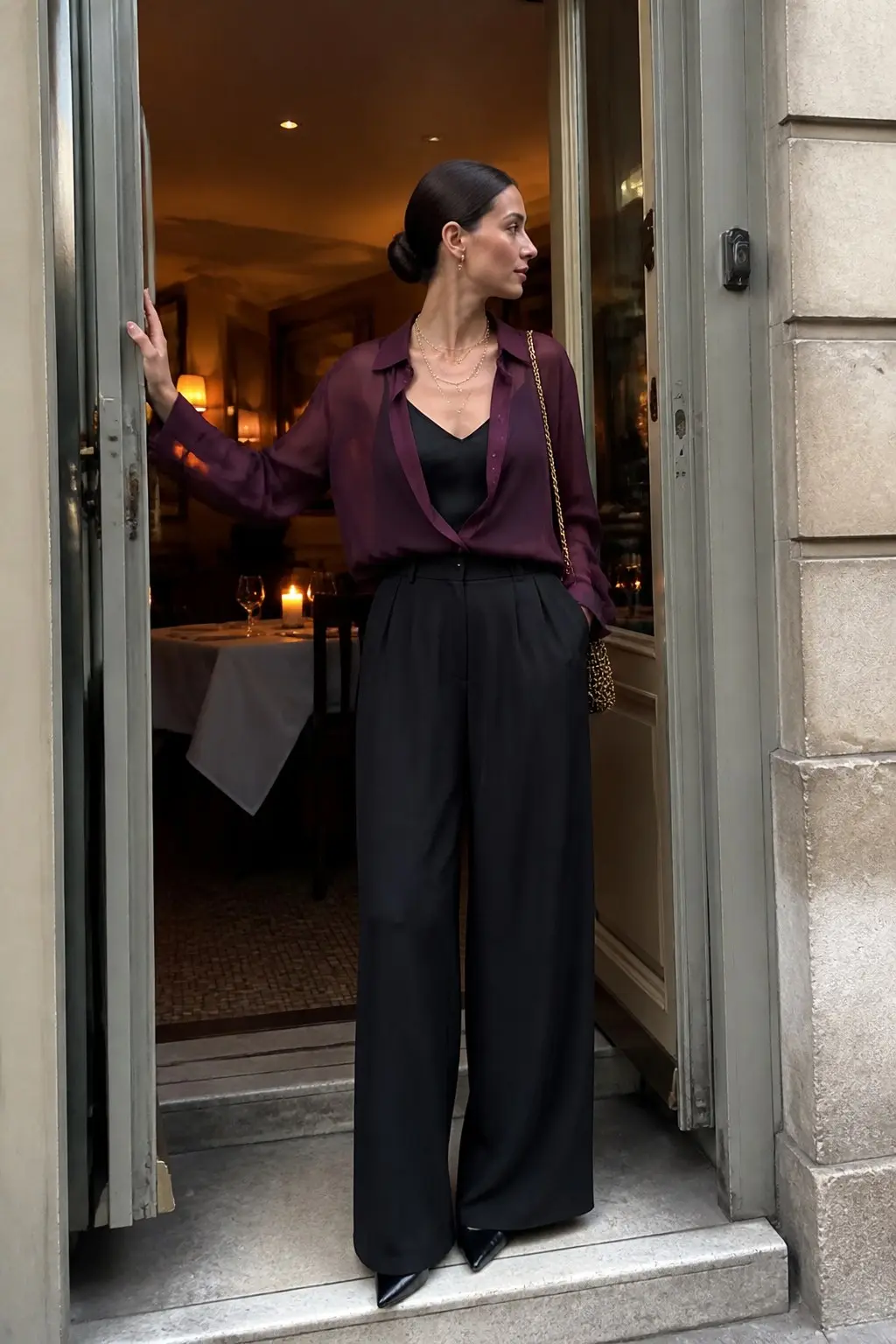 sheer burgundy button-up blouse over black camisole black wide-leg trousers black pointed leather pumps layered gold necklaces leopard print gold chain evening bag outfit 24
