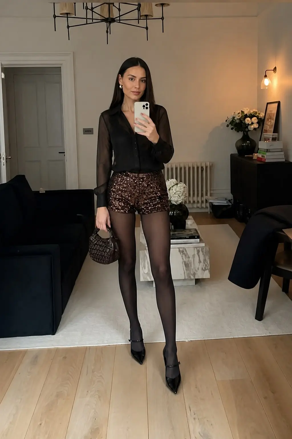 black sheer long sleeve blouse bronze sequin mini shorts black opaque tights small brown woven bag black mary jane pointed heels outfit 1