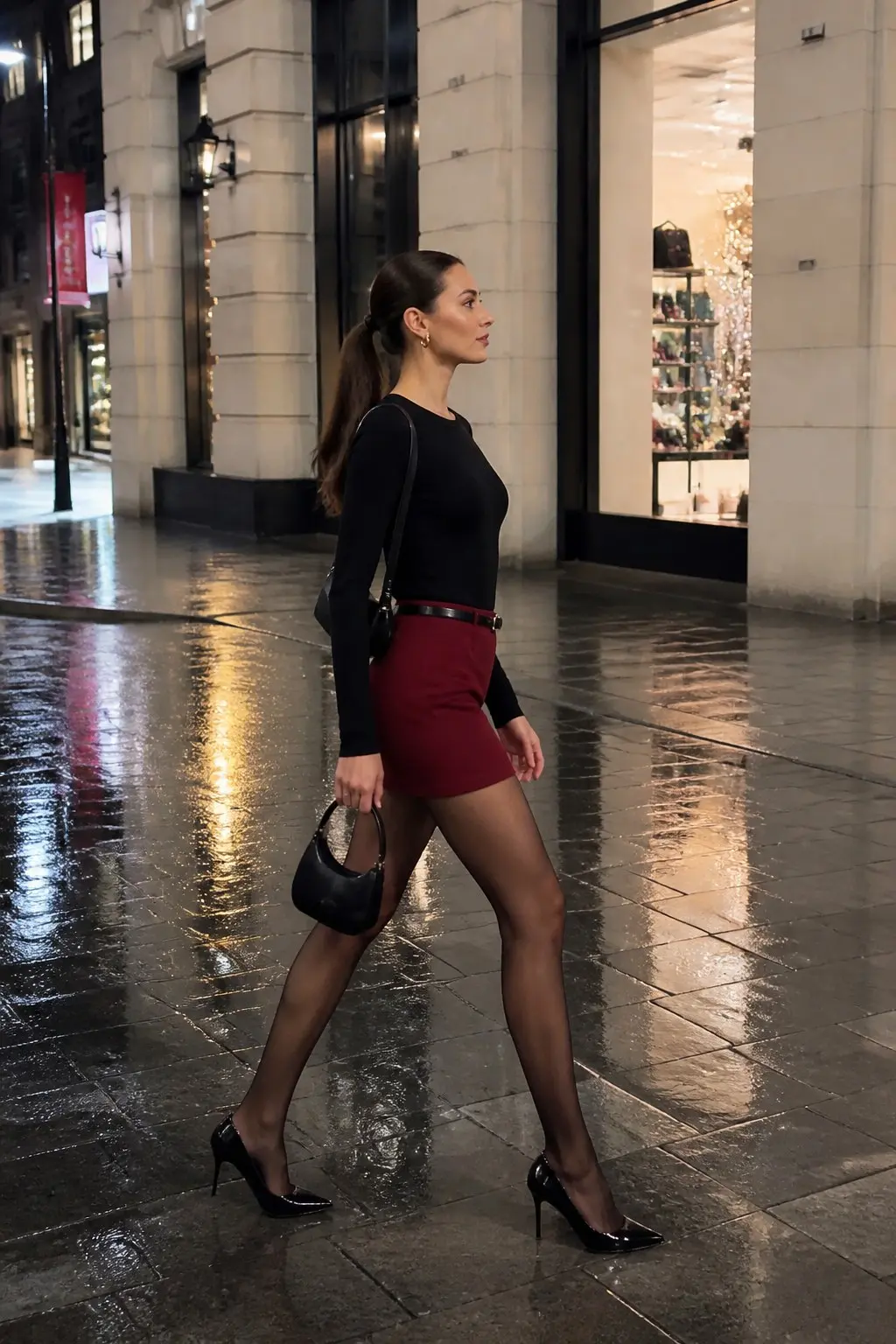 black fitted long sleeve knit top burgundy red mini skirt thin black patent belt black sheer tights black patent pointed pumps small black shoulder bag gold hoop earrings outfit 9
