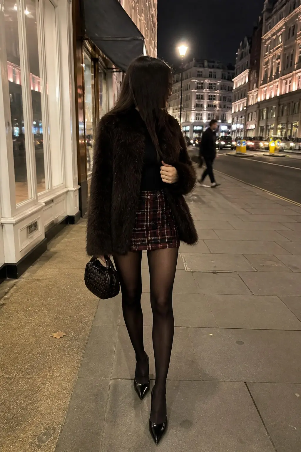 dark brown faux fur coat black fitted top dark red plaid mini skirt black opaque tights black patent pointed pumps black woven round bag outfit 11