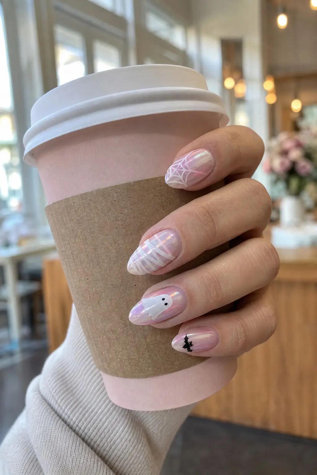 medium almond nails with iridescent pink aurora base, white spider web on index finger, mummy wrap lines on middle finger, white ghost with black eyes on ring finger, small black bat/tree on pinky, glossy finish, nail look 1