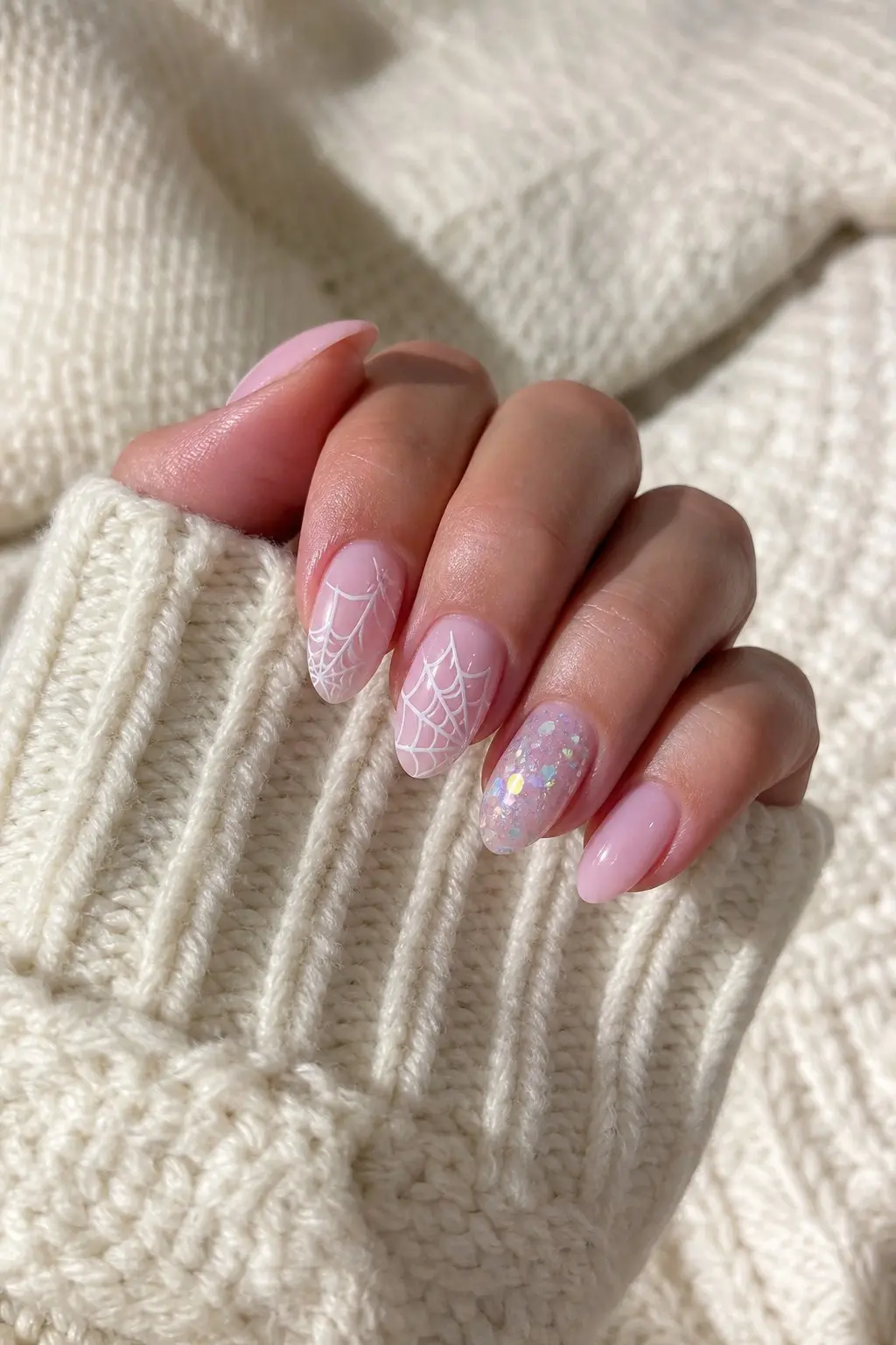medium almond nails with soft pink gel base, white spider web art on two accent nails, iridescent chunky glitter on one accent nail, plain pink on remaining nails, nail look 6