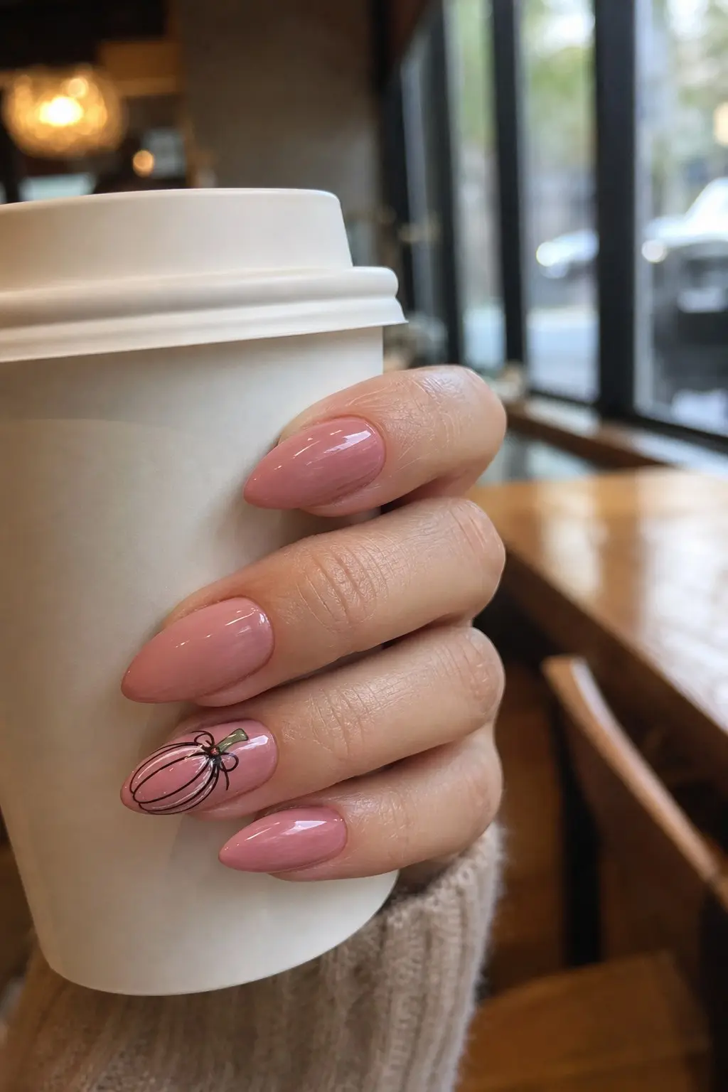 medium almond nails with mauve pink gel base, hand-painted black outline pumpkin with small bow on accent nail, nail look 11