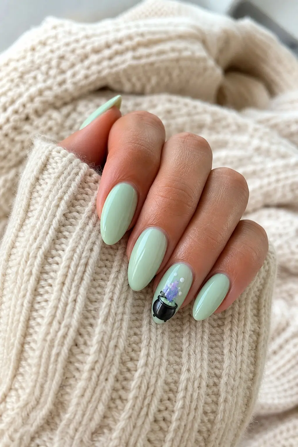 medium almond nails with mint green gel base, hand-painted black cauldron with purple potion smoke and white bubbles on ring finger accent nail, nail look 16
