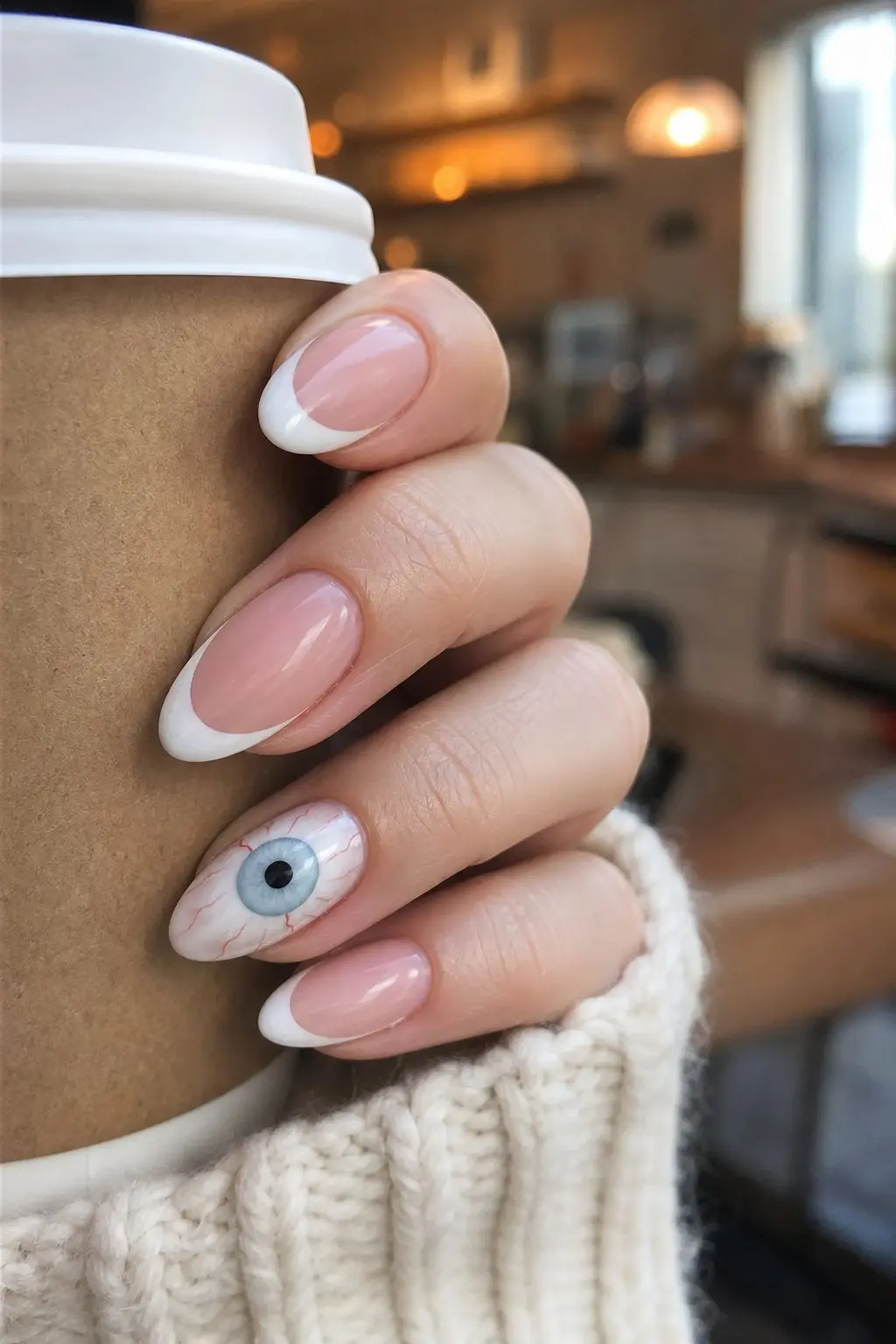 medium almond nails with sheer nude pink base and white French tip on most fingers, ring finger accent nail with white base hand-painted blue eyeball with red veins, nail look 21
