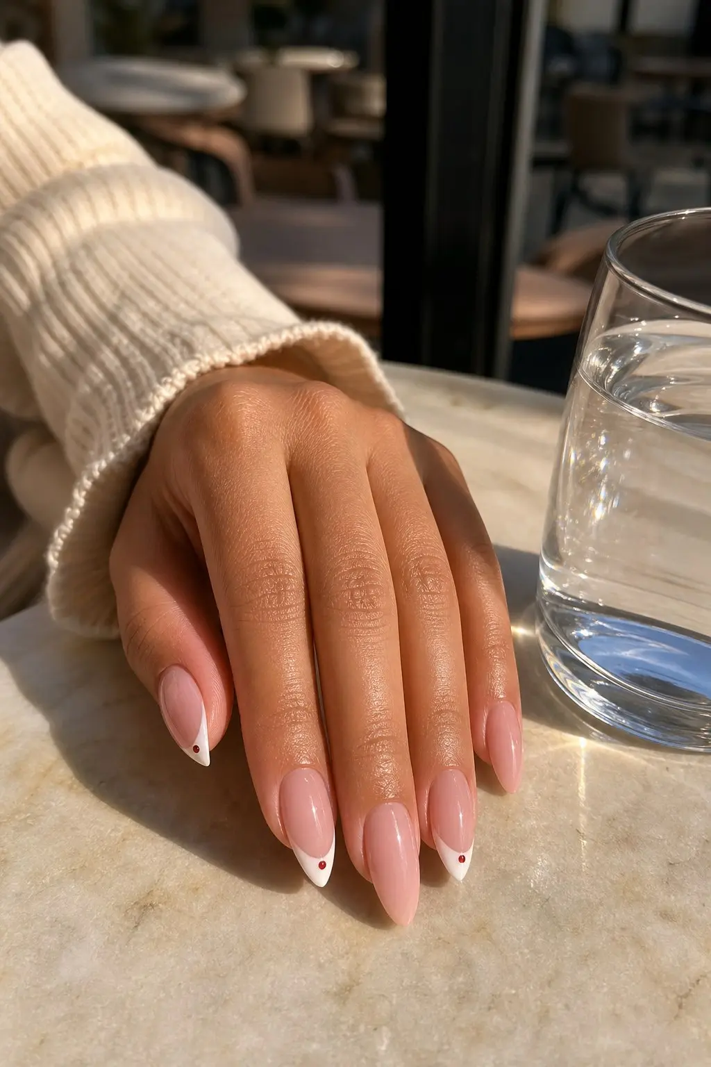 medium almond nails with sheer pink gel base, white French tip shaped as pointed fangs on all nails with small red dot accent at tip corner on select nails, nail look 28