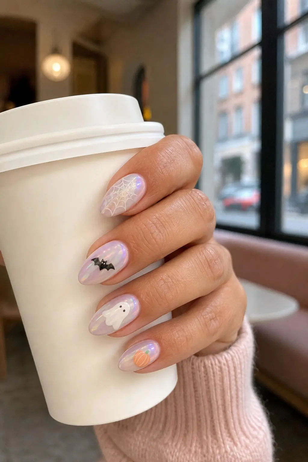 medium almond nails with iridescent pearlescent pink aurora base, each nail features a different Halloween motif — spider web, bat, ghost, orange pumpkin, plain aurora — nail look 31