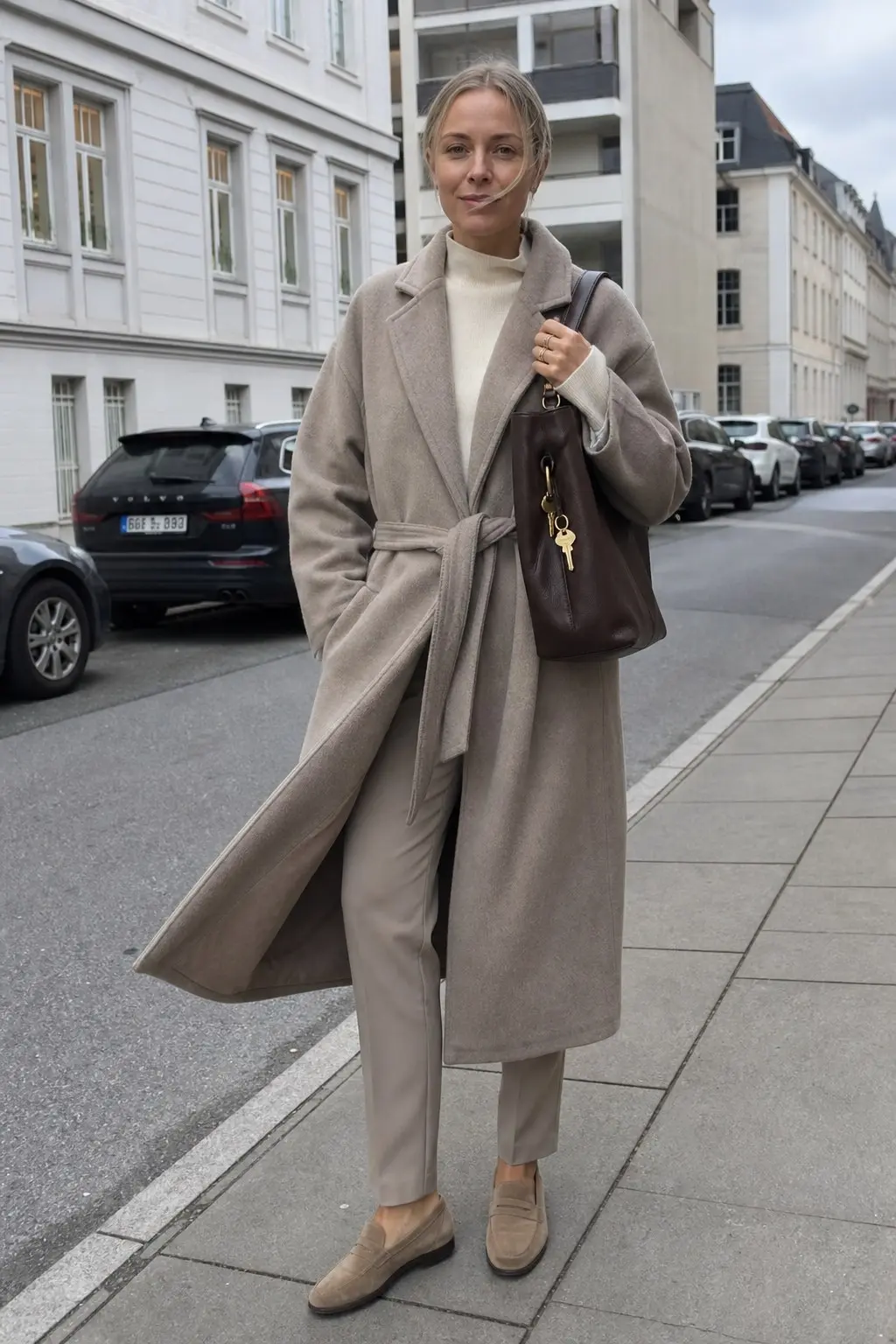 woman in taupe belted wool wrap coat cream turtleneck knit taupe slim trousers camel suede loafers dark brown leather bucket bag gold keys charm outfit 1