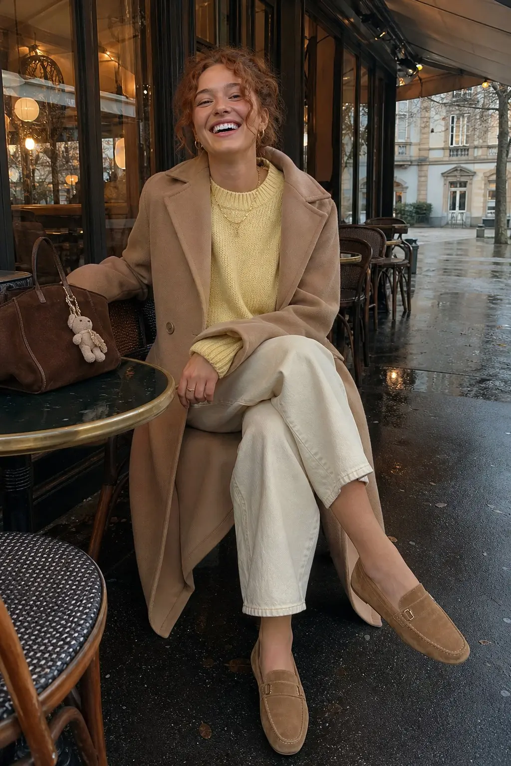 woman in pale yellow crew neck knit sweater camel longline wool coat cream wide barrel leg jeans tan suede buckle loafers brown suede tote with bear charm gold hoop earrings layered necklace outfit 3
