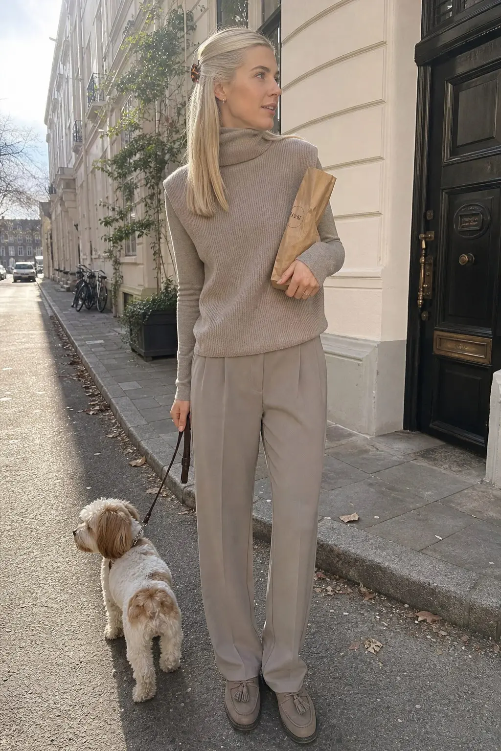 woman in greige ribbed turtleneck knit top sleeveless ribbed knit vest taupe wide leg pleated trousers taupe suede tassel loafers tortoiseshell hair clip outfit 4