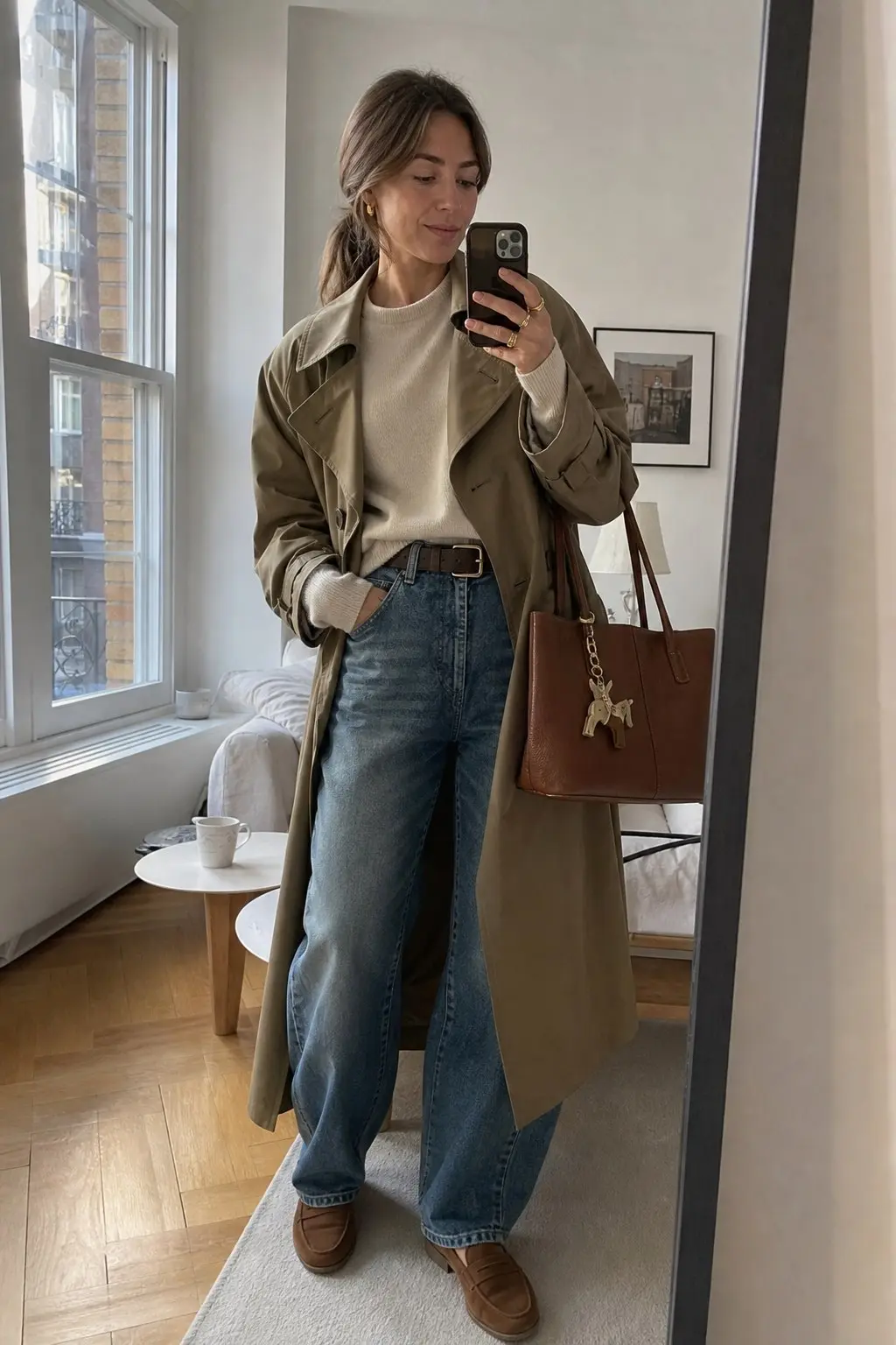 woman in olive green trench coat cream crew neck sweater blue wide leg jeans brown leather belt brown suede penny loafers tan leather tote gold rings outfit 5