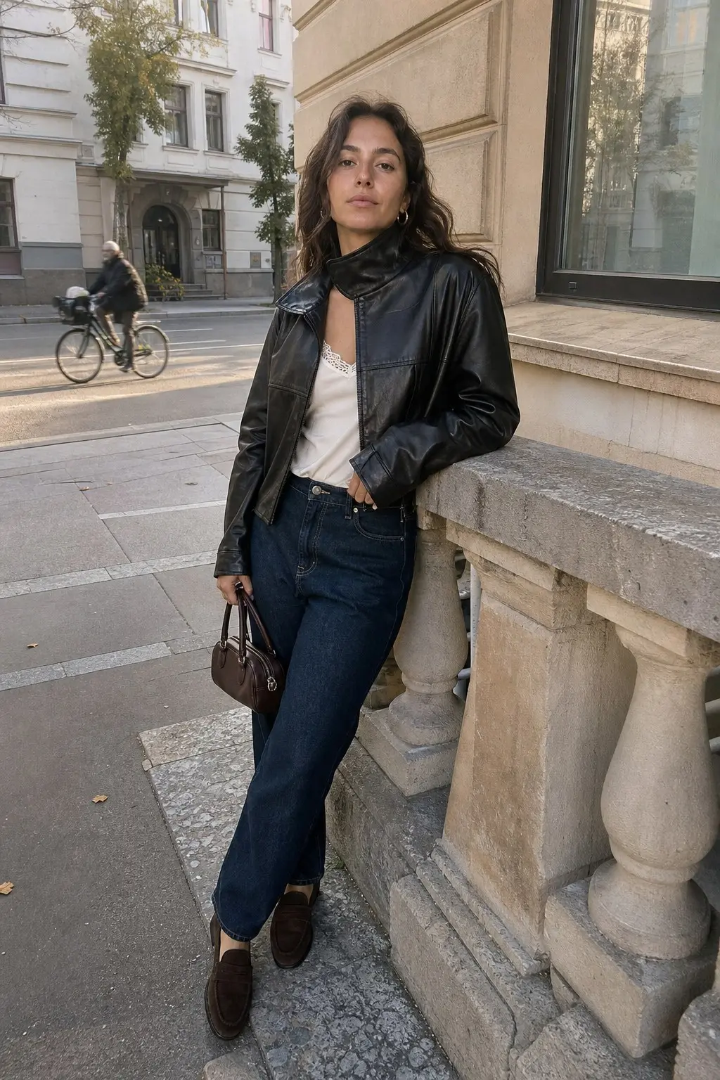 woman in black leather cropped funnel neck zip jacket cream lace trim camisole dark indigo straight leg jeans dark brown suede penny loafers small dark brown leather top handle bag gold hoop earrings outfit 6