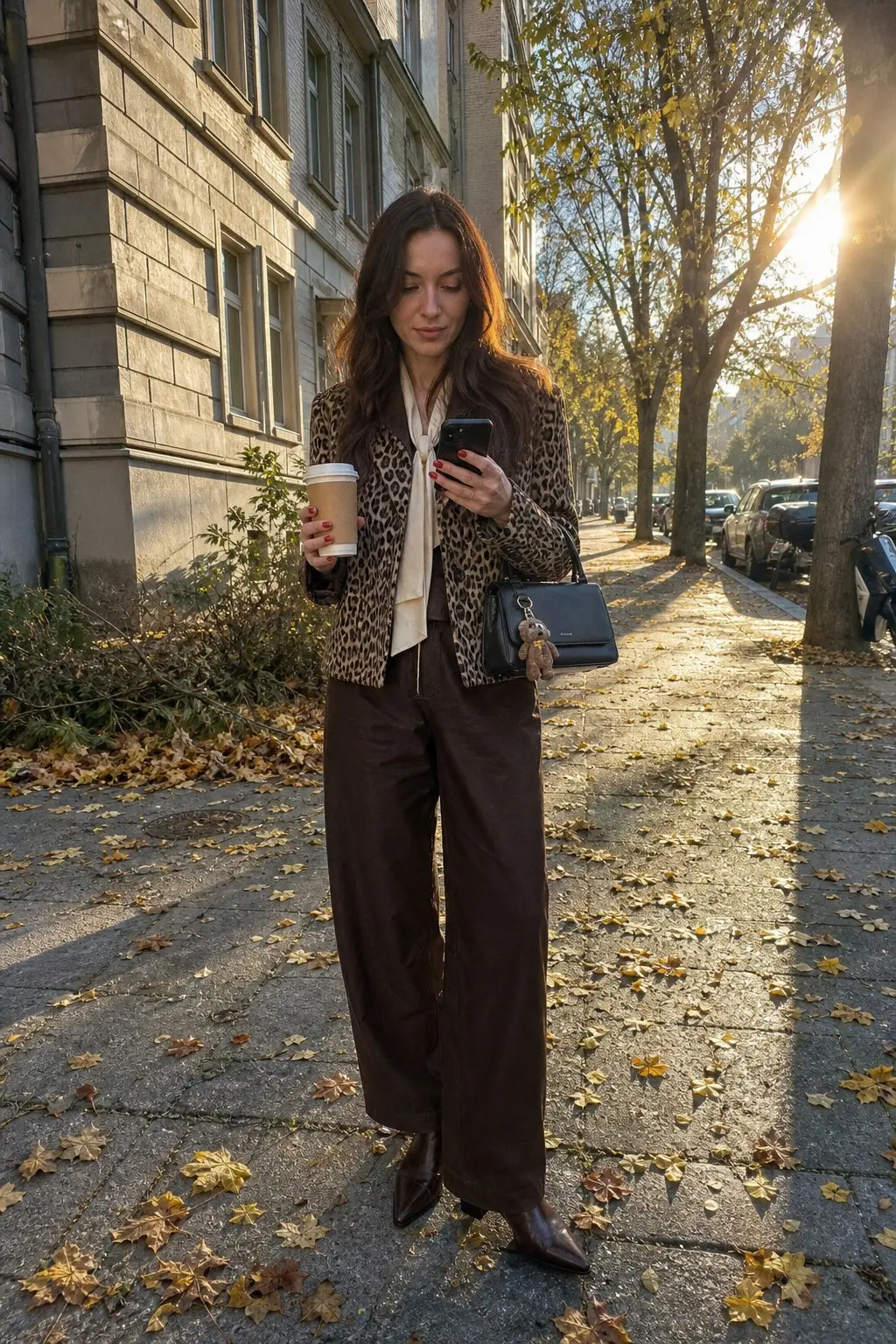 woman in leopard print blazer jacket cream silk pussy bow neck tie blouse dark brown wide leg suede trousers dark brown pointed toe ankle boots black structured mini top handle bag outfit 8