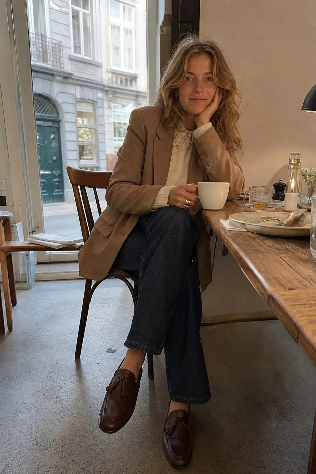 woman in cream fine knit top with lace collar camel oversized blazer dark indigo straight leg jeans chocolate brown tassel loafers stacked gold rings outfit 11