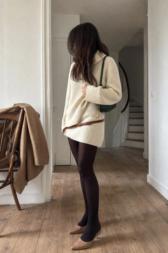 woman in cream ribbed turtleneck oversized long sweater worn as dress slim tan leather belt dark brown ribbed opaque tights tan kitten heel pointed toe pumps dark green crossbody shoulder bag outfit 12