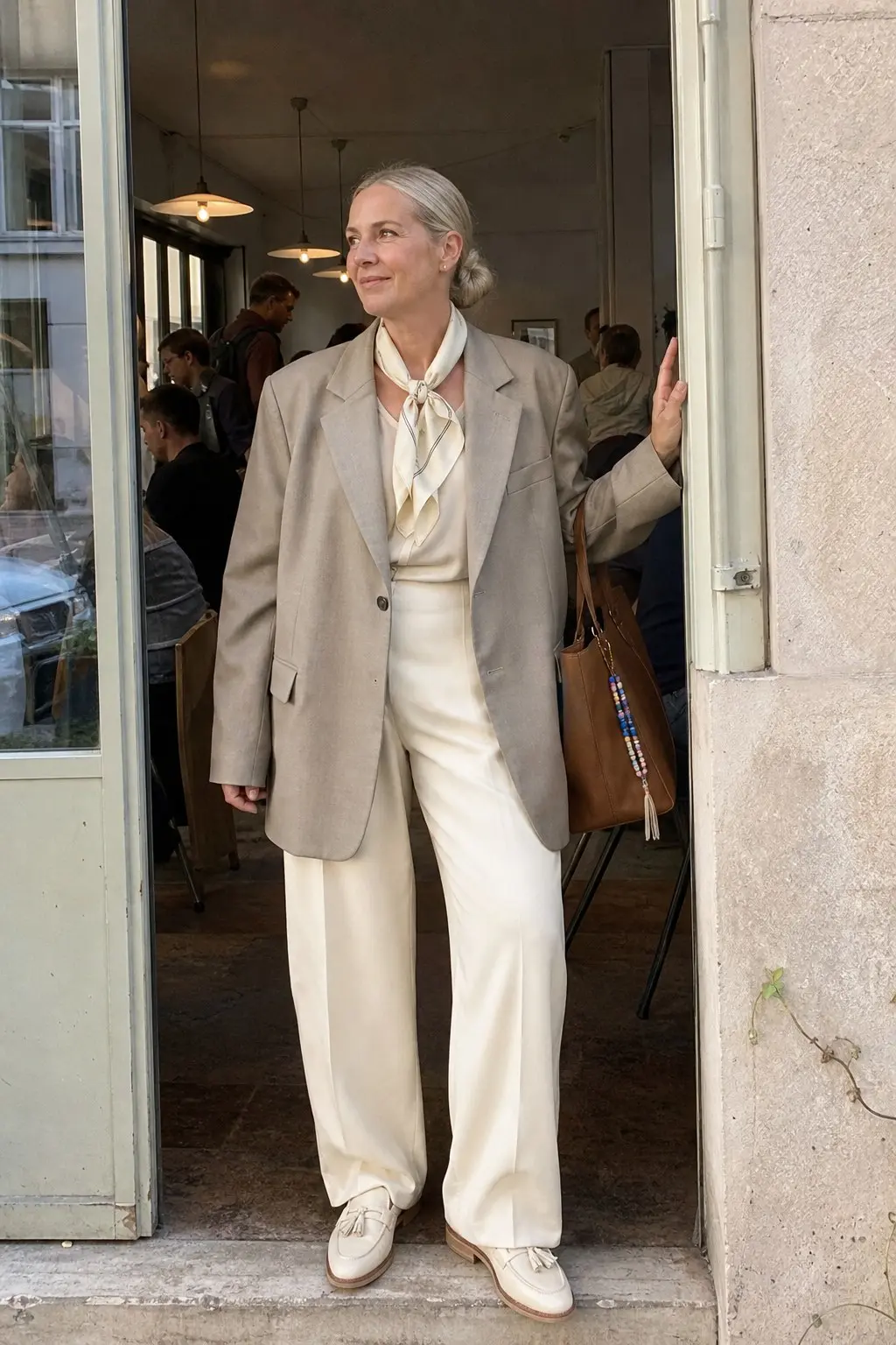 woman in oversized greige single button blazer cream wide leg trousers cream satin neck bow tie blouse cream tassel loafers tan leather tote with beaded charm outfit 13