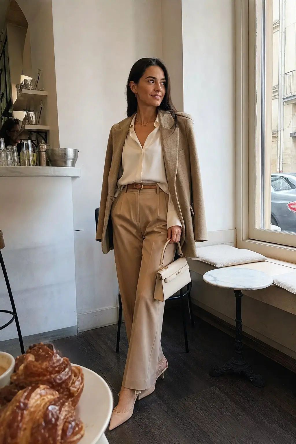 woman in cream silk blouse camel wide leg tailored trousers slim tan leather belt camel wool blazer draped over shoulders nude kitten heel slingback pumps small cream top handle bag gold hoop earrings gold chain necklace outfit 16