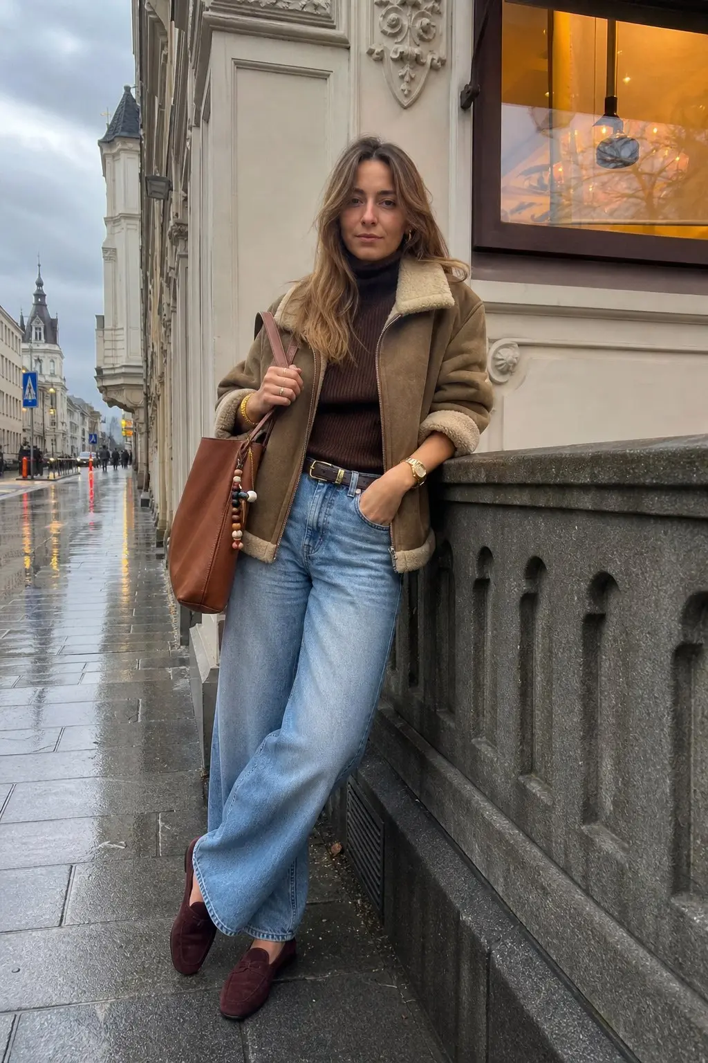 woman in olive shearling cuffed jacket dark brown ribbed turtleneck light wash wide leg jeans burgundy suede loafers brown leather tote beaded charm gold bracelet leather belt outfit 18