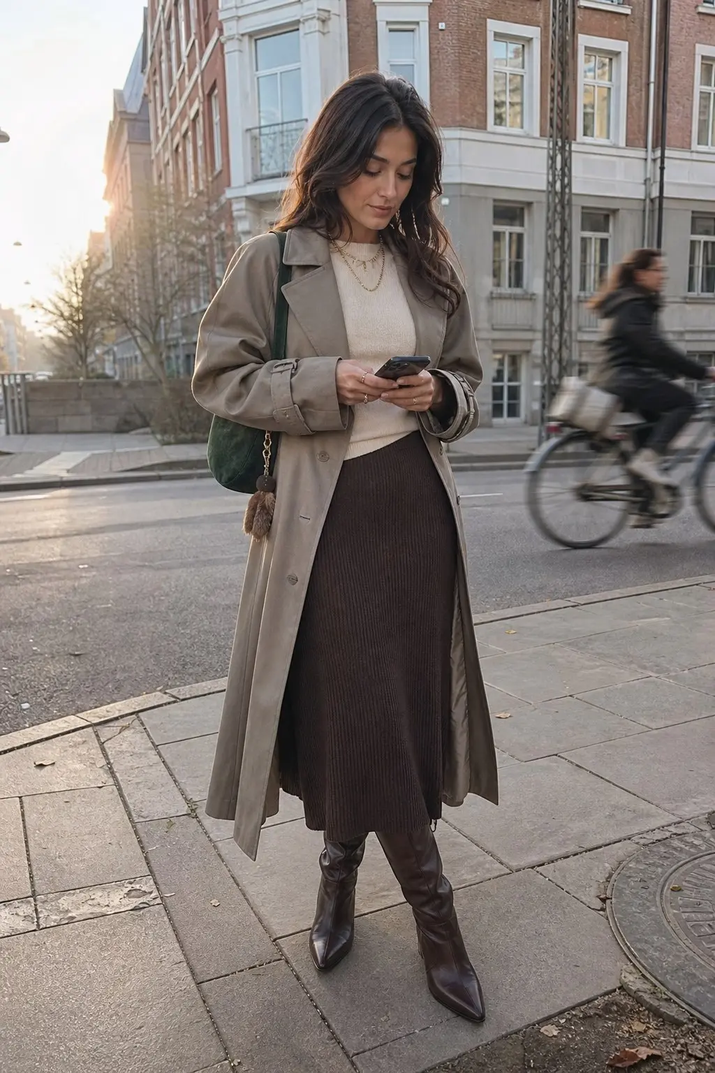 woman in long taupe trench coat cream fine knit top dark brown ribbed knit midi skirt tall dark brown leather boots dark green suede shoulder bag layered gold necklaces outfit 20