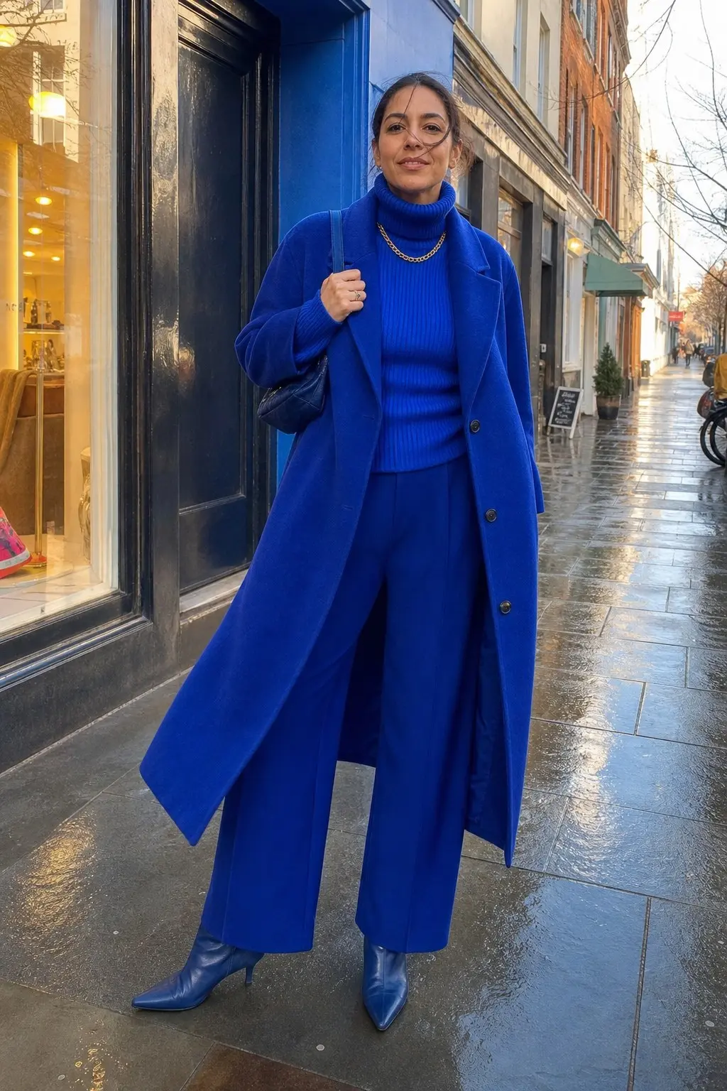 woman in cobalt blue ribbed turtleneck sweater cobalt wide-leg trousers longline cobalt wool coat gold chain necklace blue kitten heel pointed boots dark quilted shoulder bag outfit 1