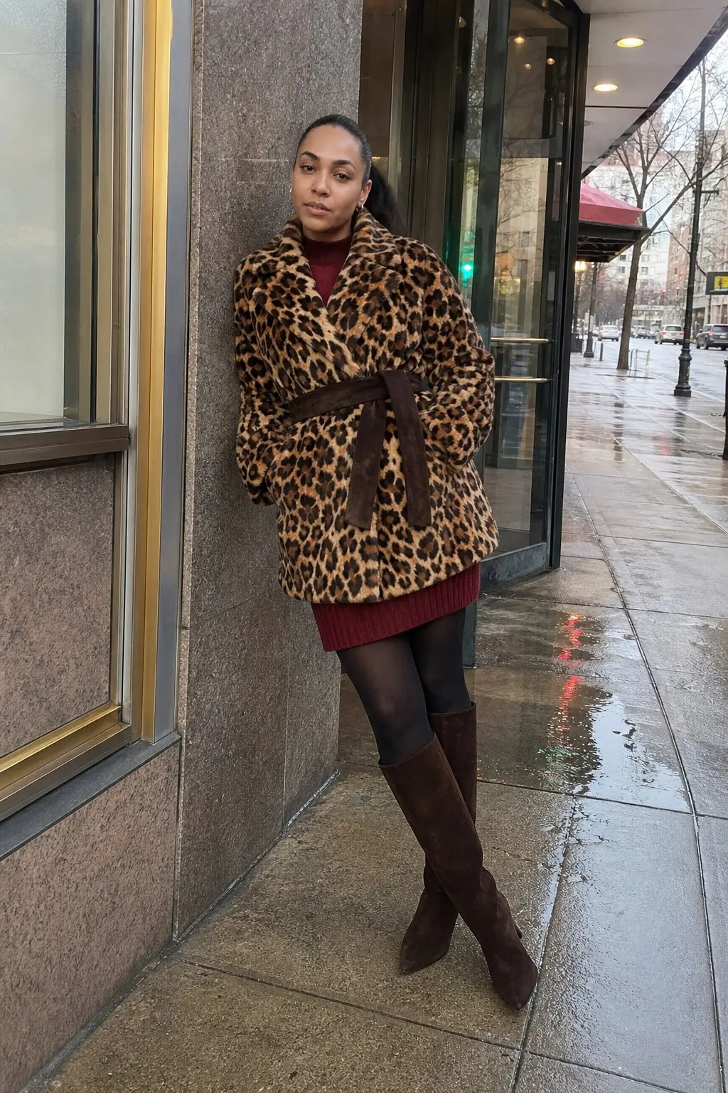 woman in belted leopard print faux fur coat with brown suede belt burgundy ribbed turtleneck mini dress black sheer tights dark brown suede knee-high boots gold hoop earrings outfit 6