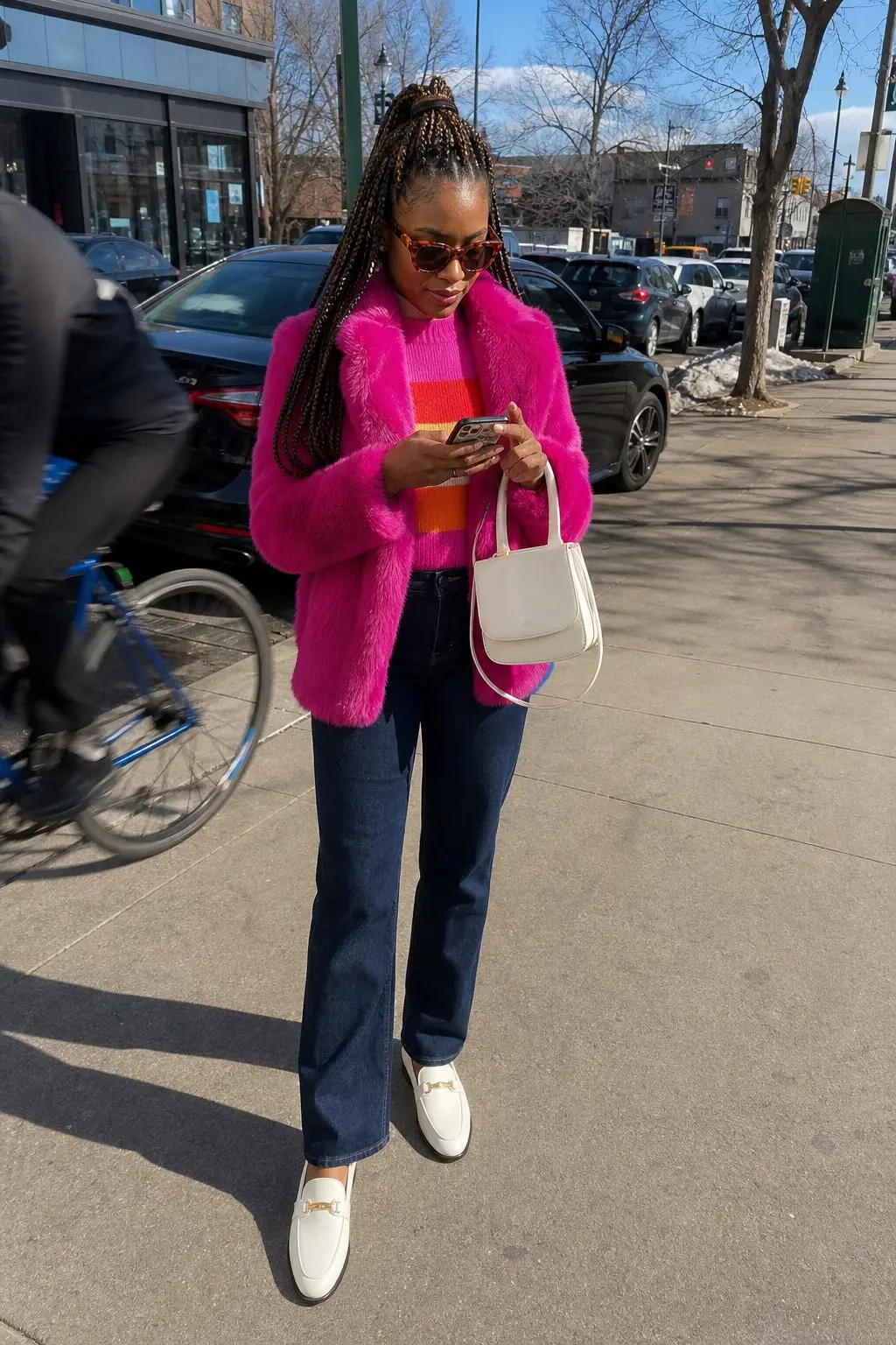 woman in hot pink faux fur cropped jacket pink and orange color block stripe knit sweater dark indigo straight leg jeans white leather horsebit loafers white mini bucket crossbody bag tortoiseshell sunglasses outfit 8