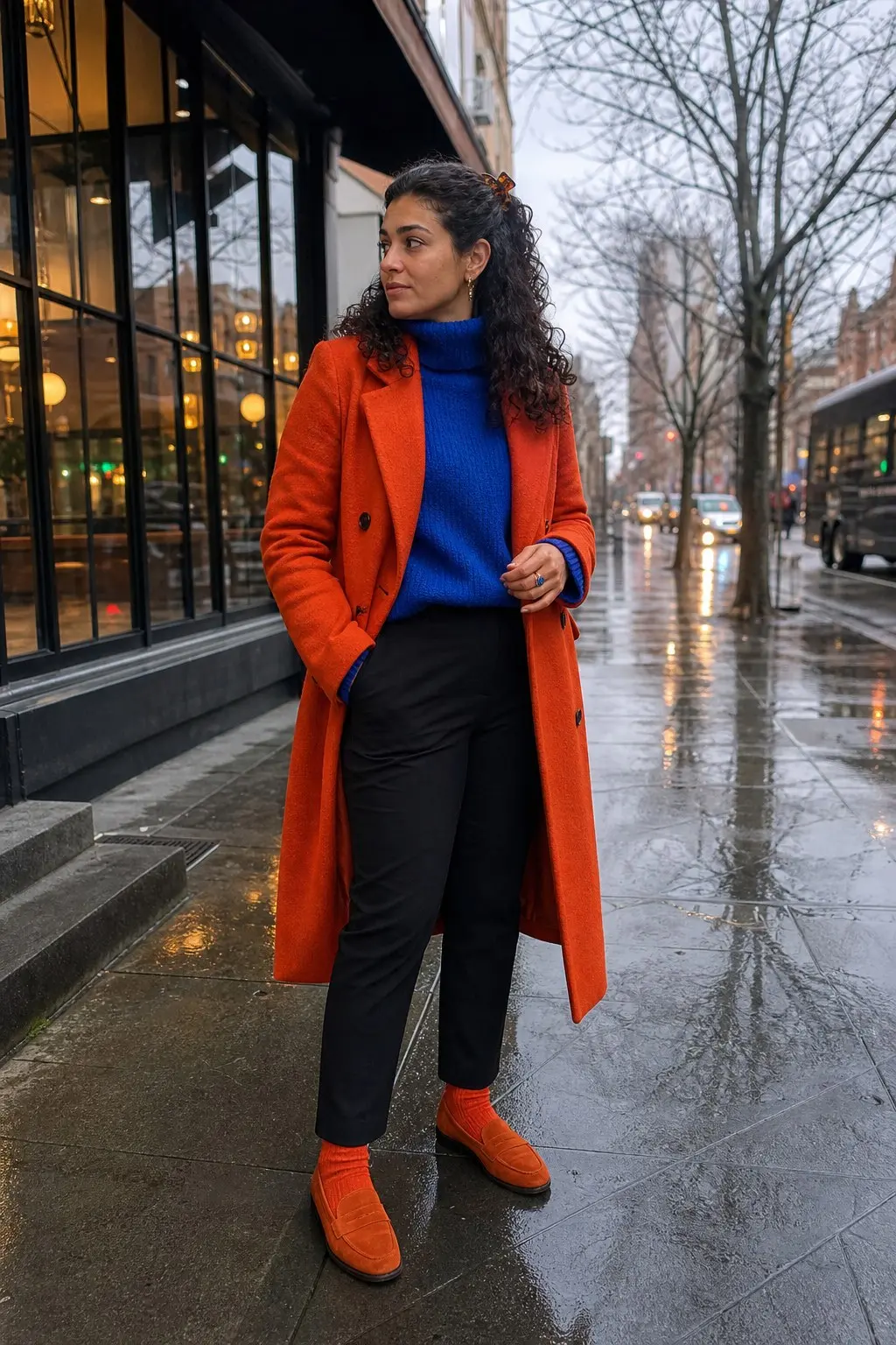 woman in orange double breasted midi wool coat cobalt blue ribbed turtleneck sweater slim black trousers orange suede loafers orange ribbed knit socks visible gold hoop earring outfit 16