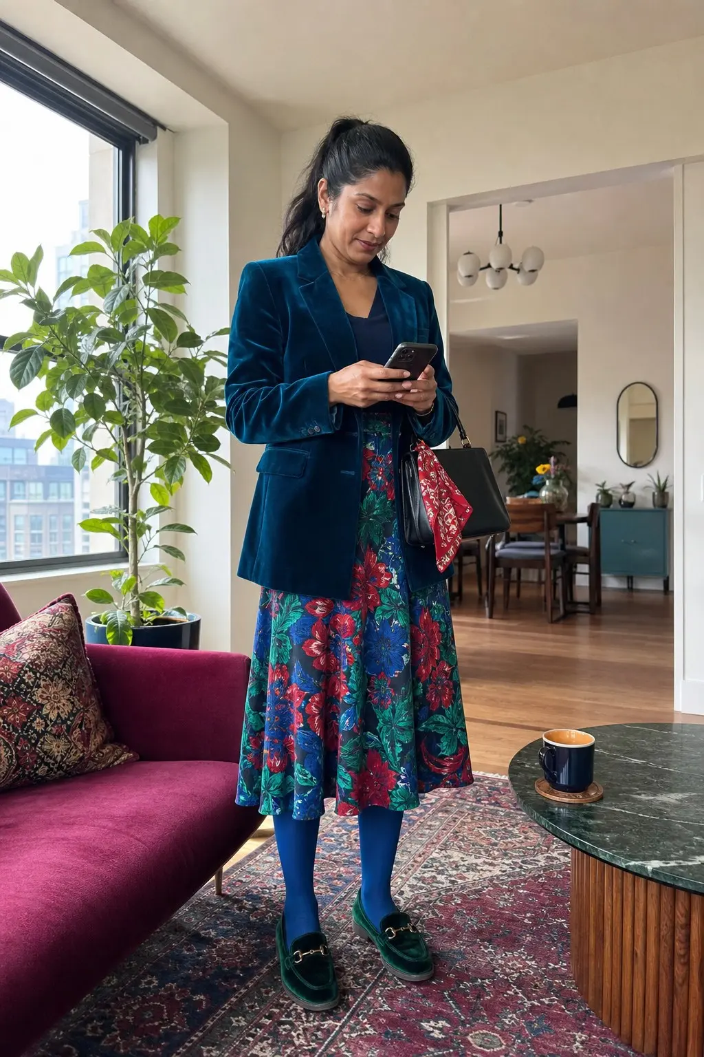 woman in teal velvet blazer blue and red floral print midi skirt sapphire blue opaque tights green velvet gold bit loafers black structured handbag red floral scarf tied on bag outfit 20