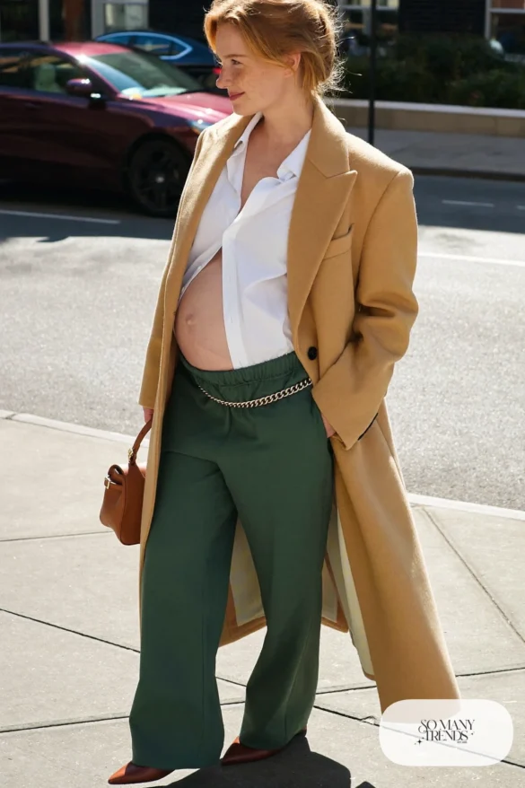 pregnant woman in forest green wide leg trousers, white shirt untucked, long camel wool coat, gold chain belt over coat, brown pointed toe flats, camel leather top handle bag, outfit 17