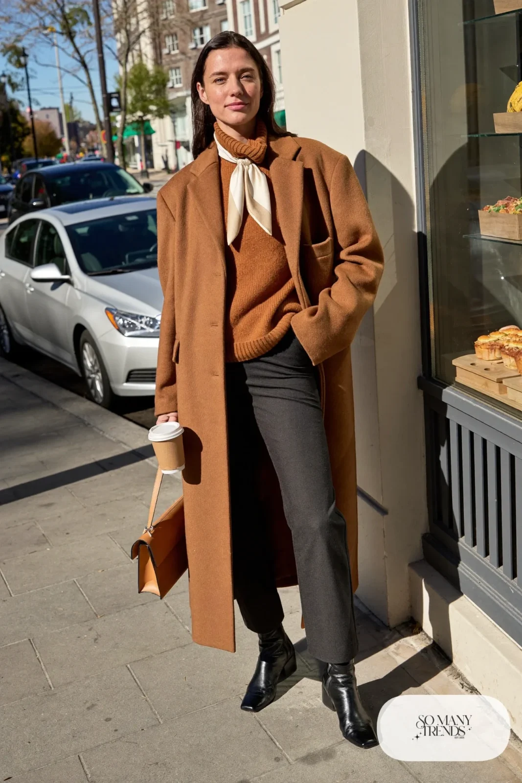 rust merino turtleneck camel wool coat charcoal trousers black ankle boots cream scarf outfit 1