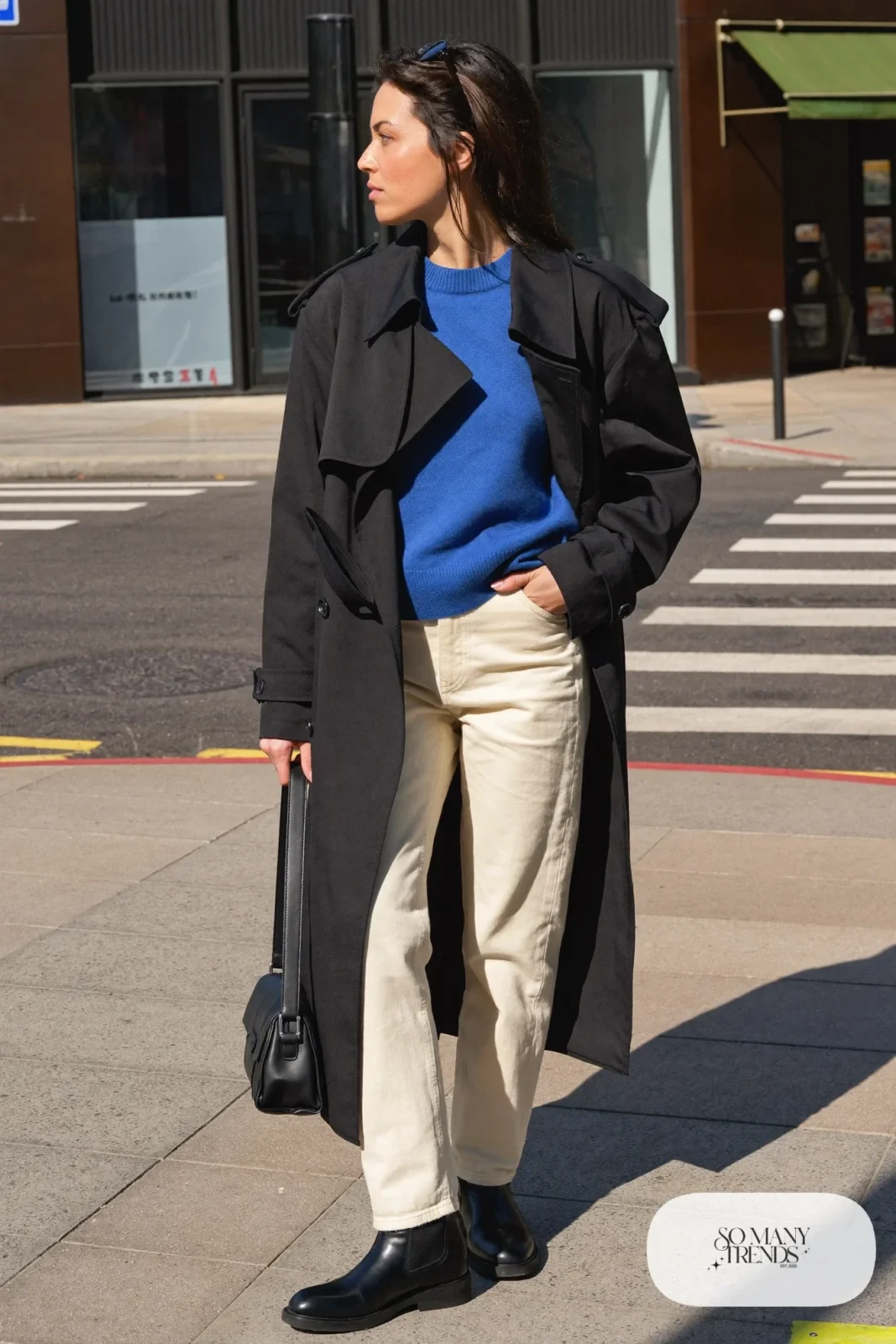 cobalt blue sweater black trench coat ecru jeans black chelsea boots belt outfit 4