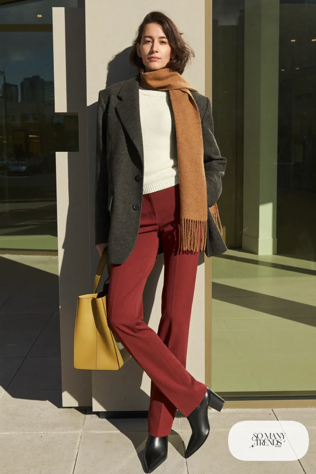 charcoal wool blazer cream fine knit burgundy trousers black ankle boots camel scarf outfit 6