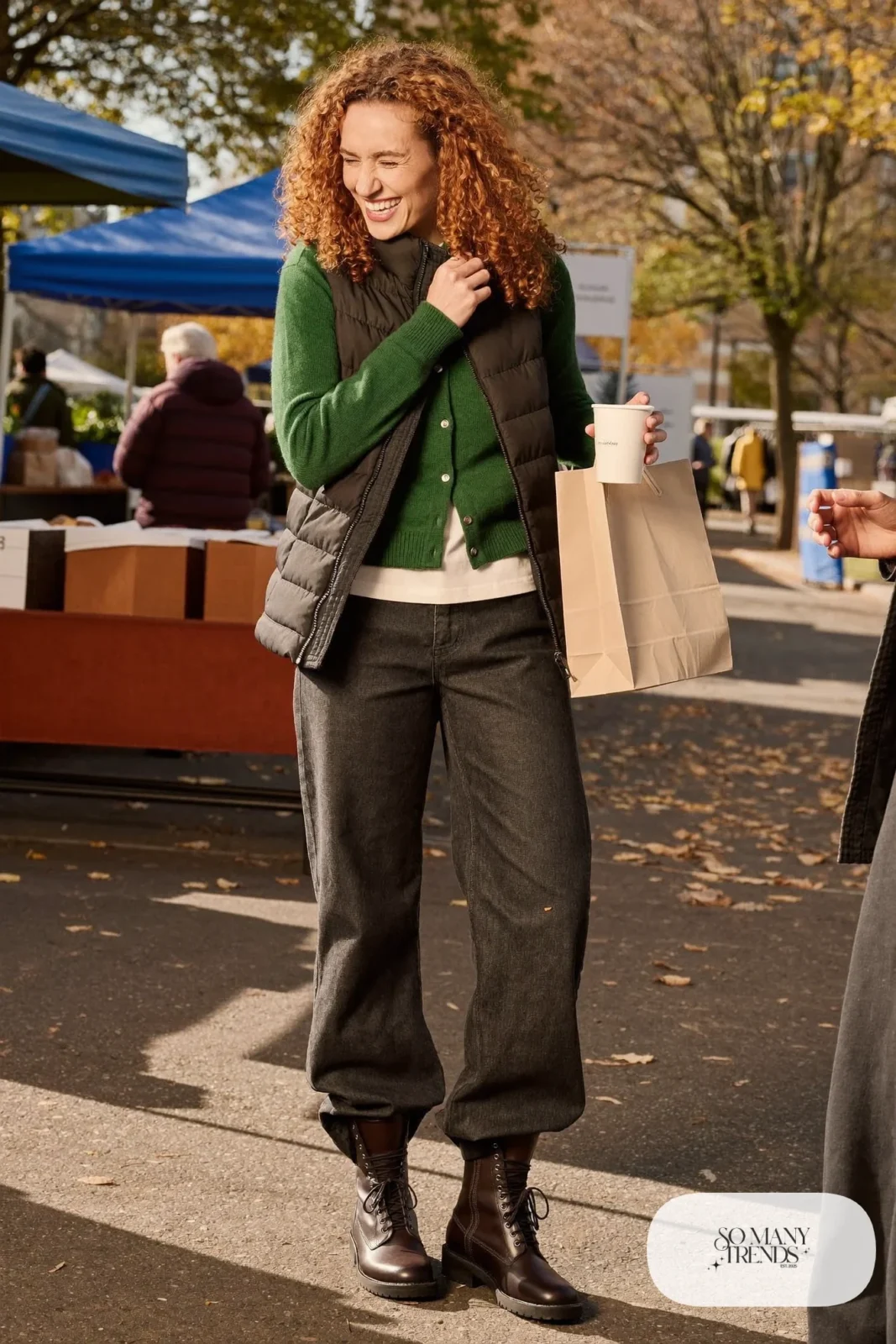 forest green cardigan black quilted vest white tee dark jeans brown lace-up boots outfit 7