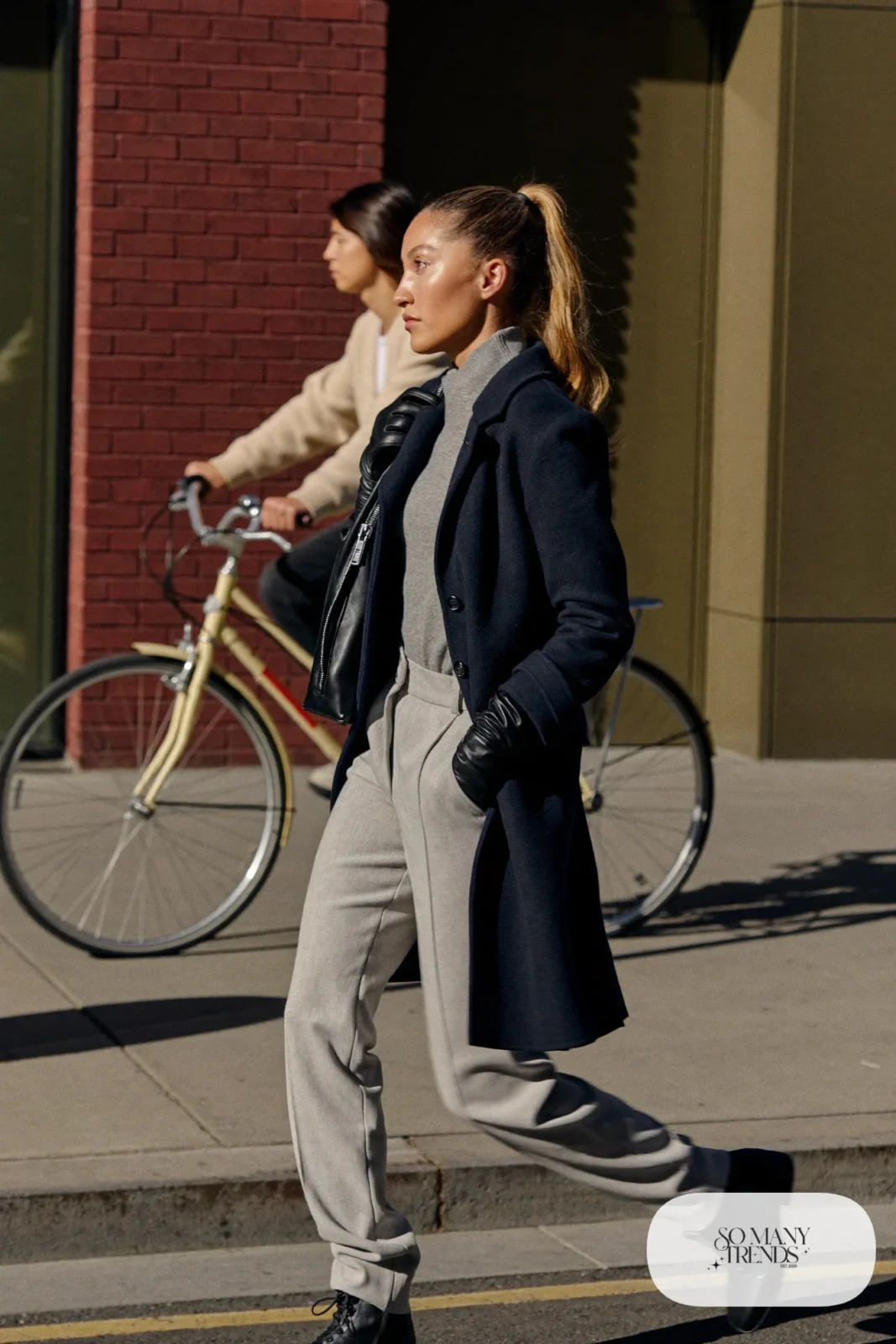 navy wool peacoat grey merino thermal top light grey flannel trousers black leather boots gloves outfit 9
