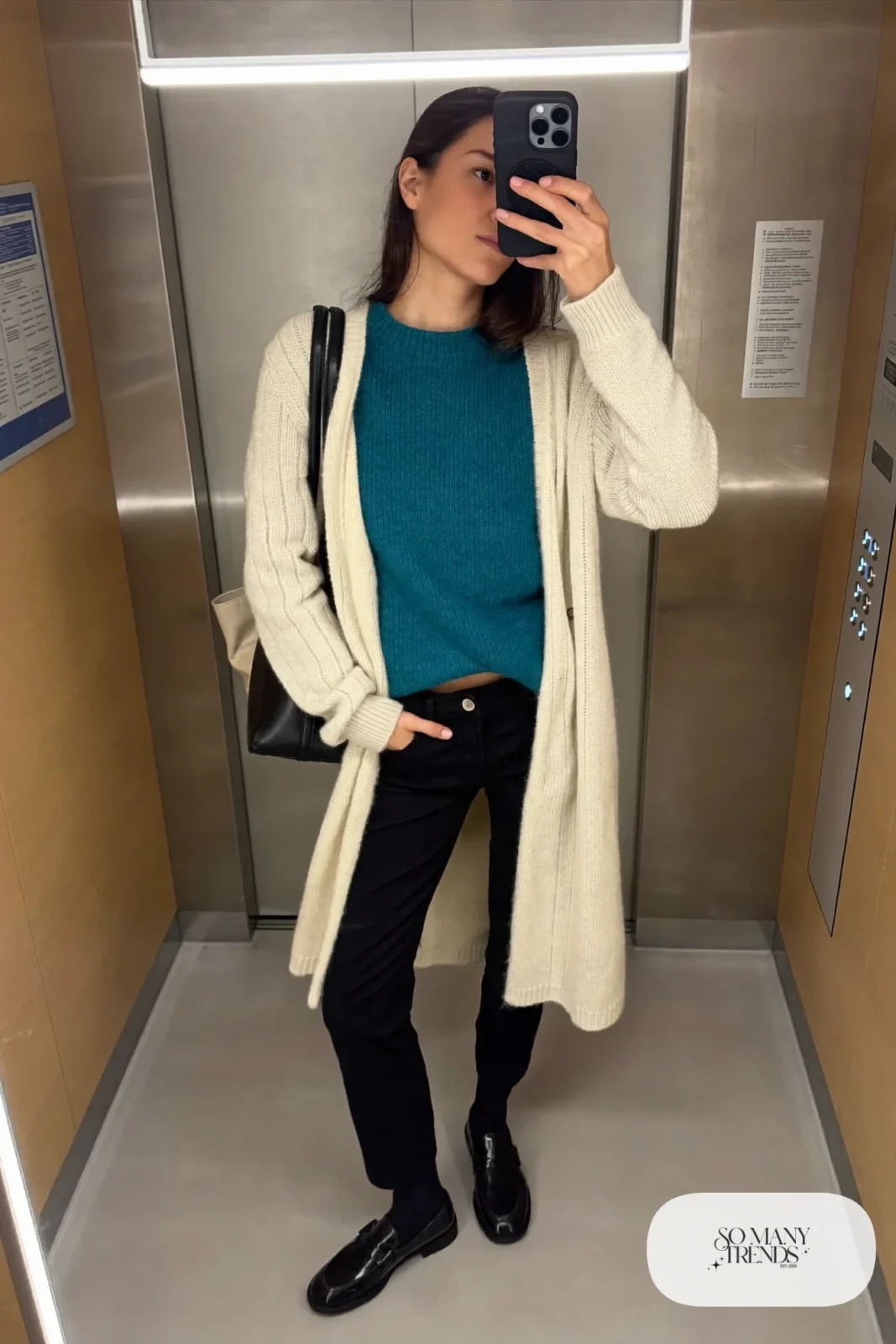teal knit sweater cream long cardigan slim black trousers black loafers socks tote bag outfit 14