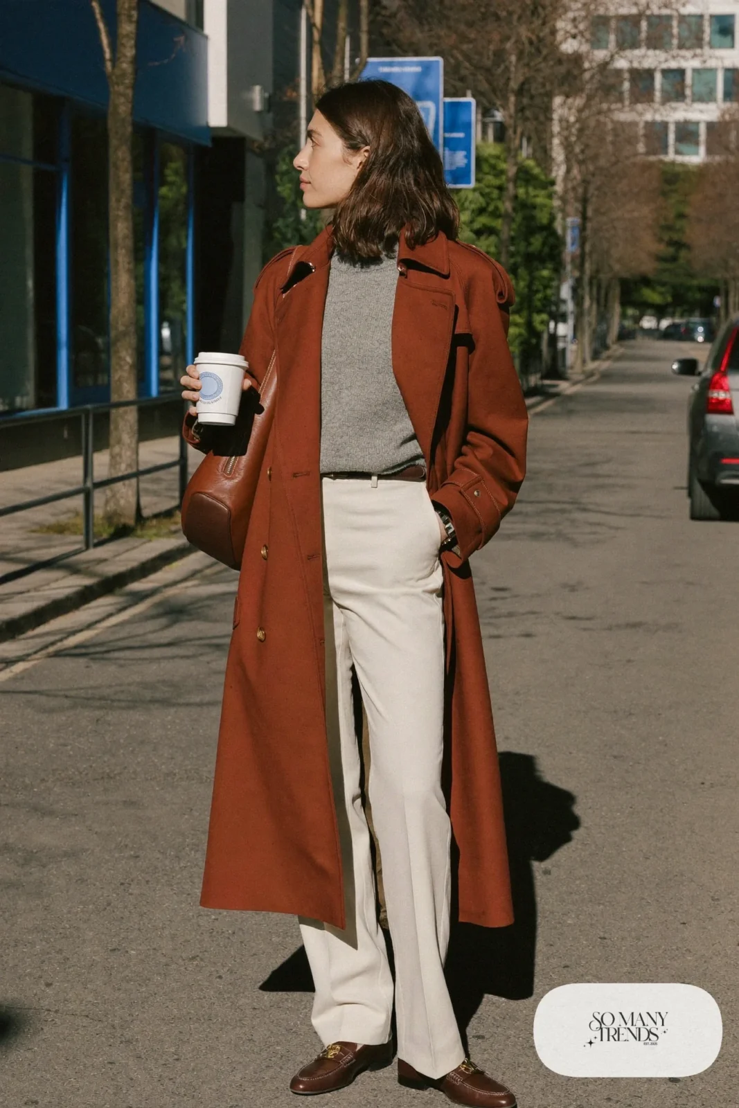 burgundy trench coat grey cashmere sweater straight cream trousers brown loafers leather bag outfit 22
