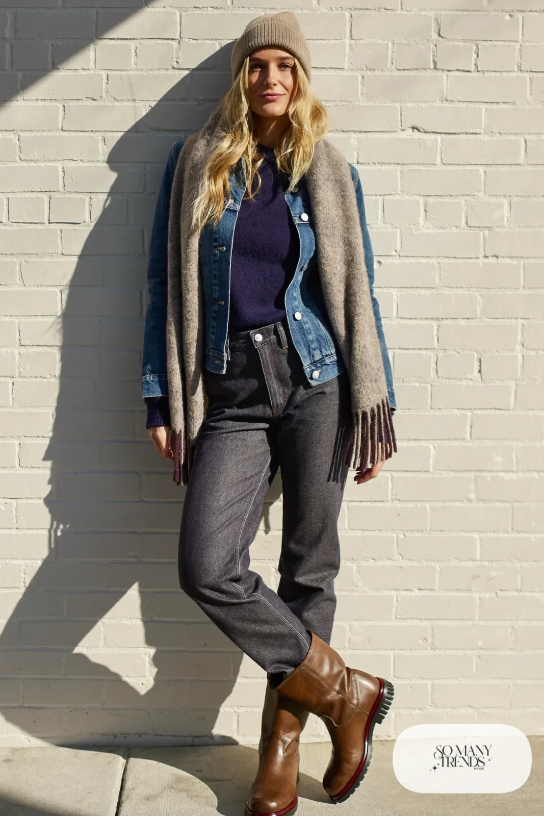denim jacket navy sweater grey wool scarf dark straight jeans brown boots beanie outfit 23