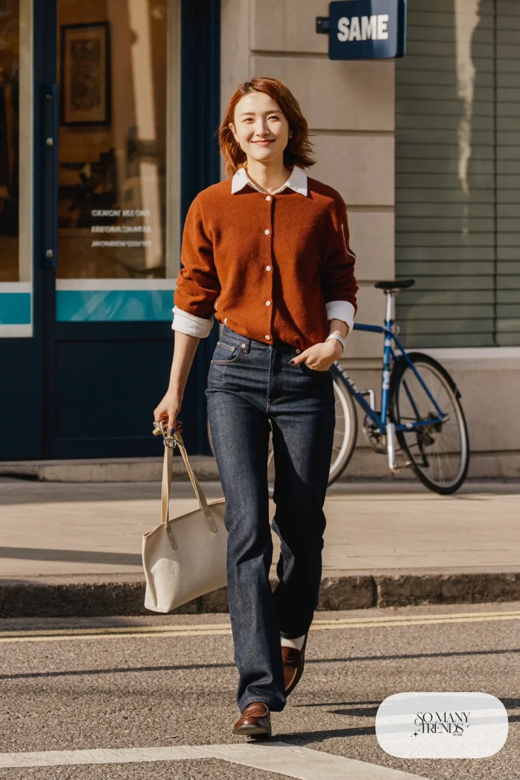 rust cardigan white shirt dark denim jeans brown loafers socks tote bag outfit 26