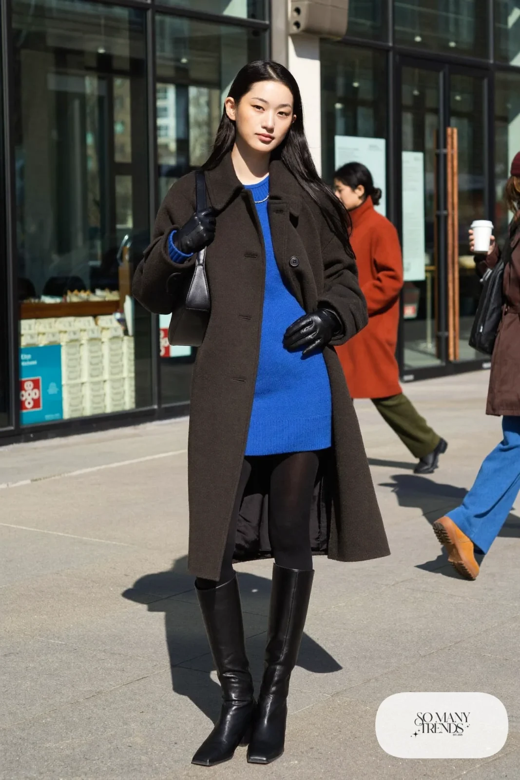 cobalt blue knit dress charcoal wool coat opaque black tights tall black boots leather gloves outfit 27