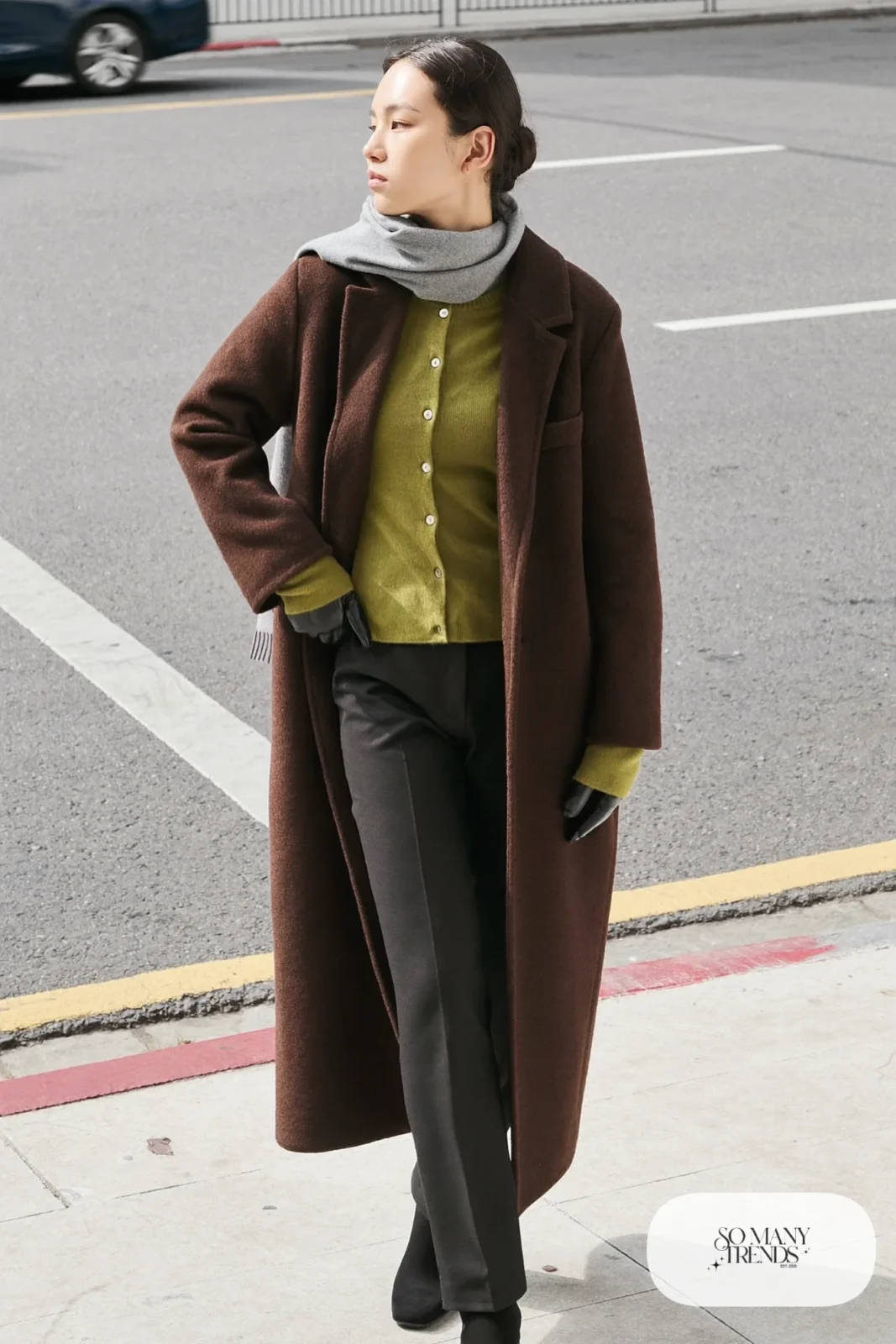 olive green cardigan black wool coat slim black trousers black boots grey scarf leather gloves outfit 29