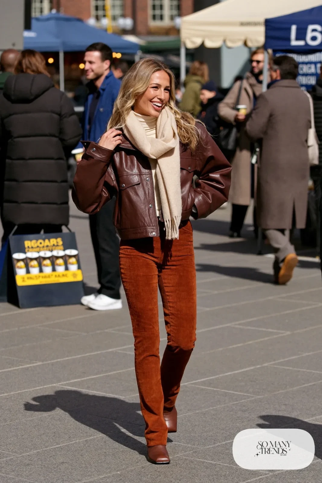 cream turtleneck brown leather jacket rust corduroy trousers brown boots cream scarf outfit 30