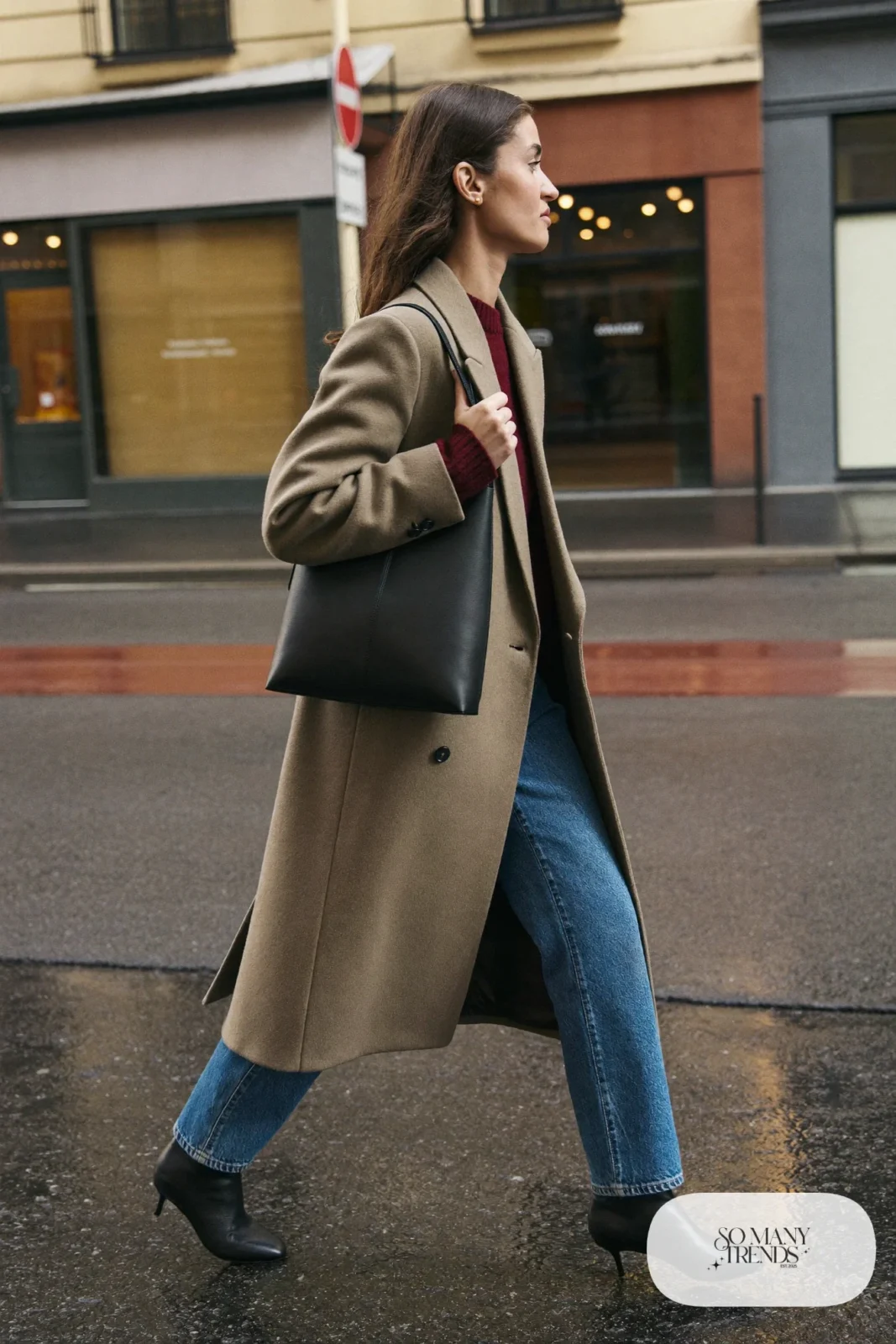 grey wool coat burgundy sweater straight blue jeans black ankle boots leather bag outfit 31