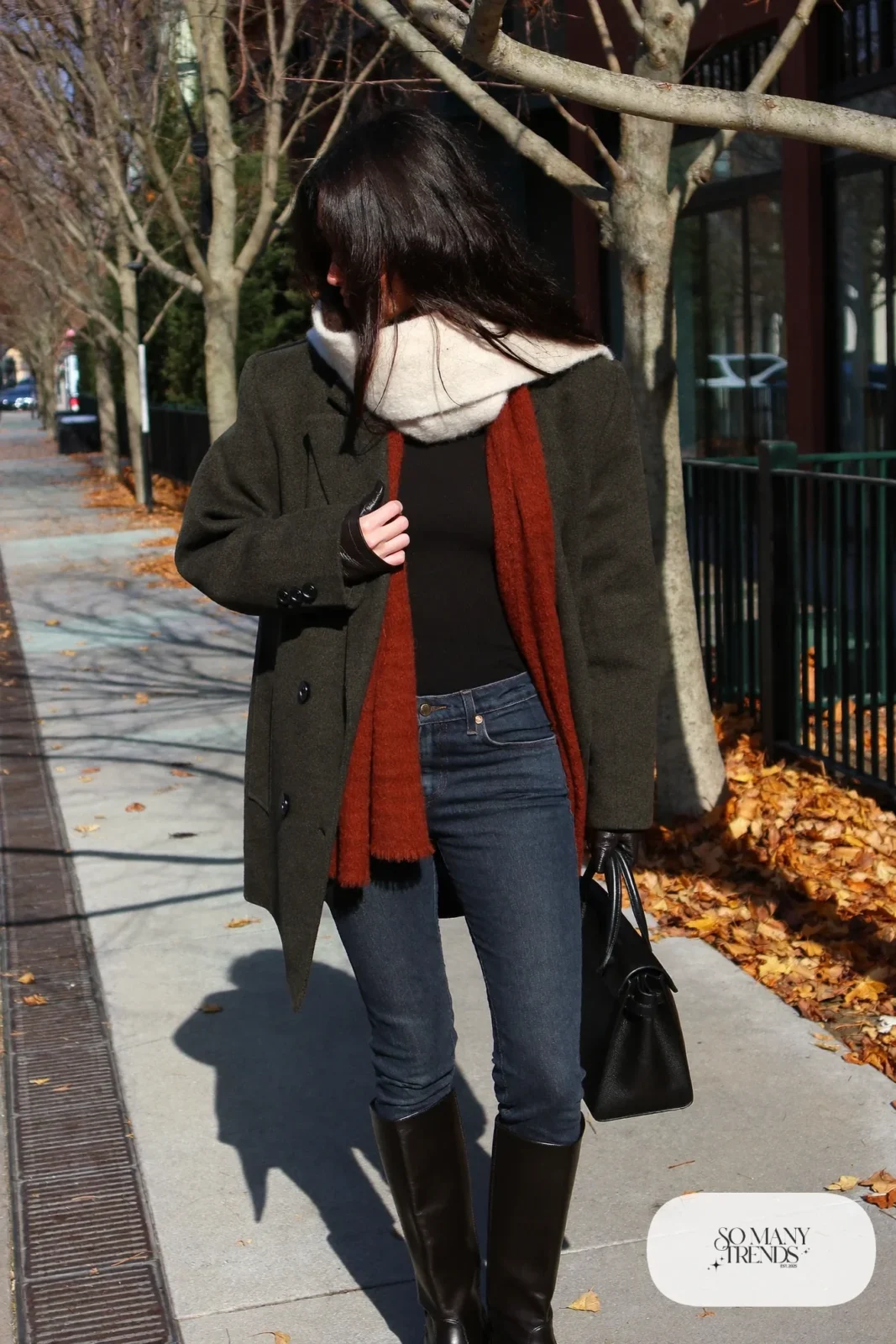 charcoal wool coat cream scarf thin black knit slim dark jeans black boots leather gloves structured bag outfit 34