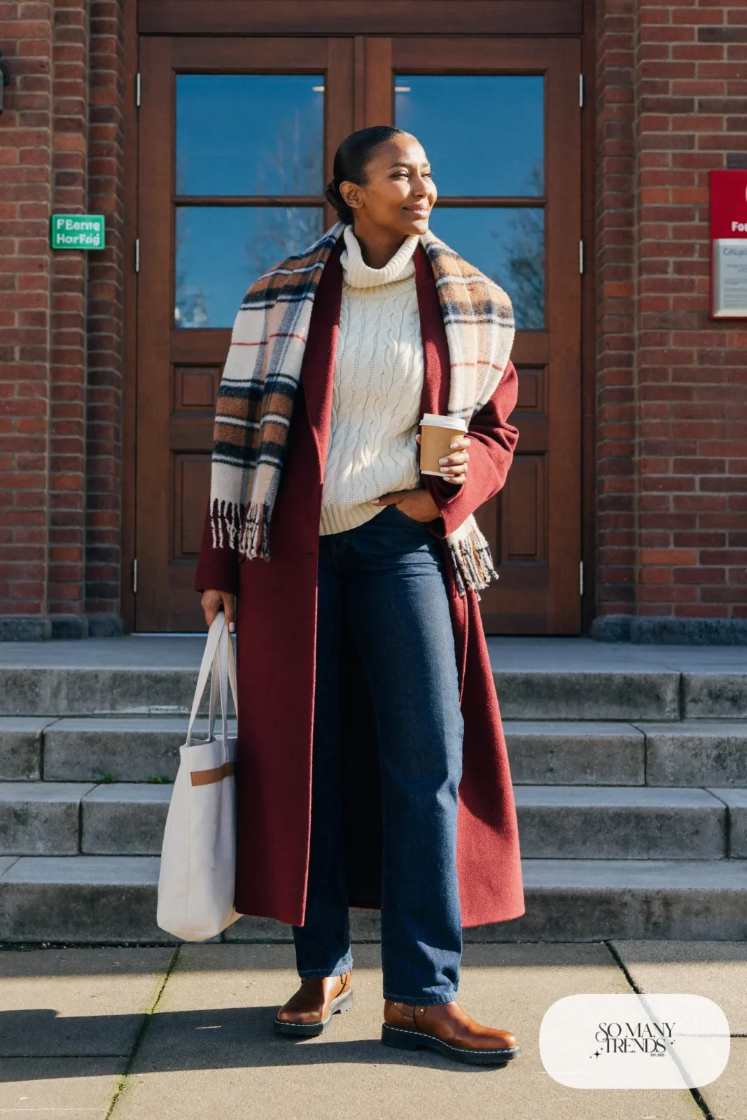 oxblood wool coat cream cable knit sweater dark jeans brown lug-sole boots plaid scarf outfit 1
